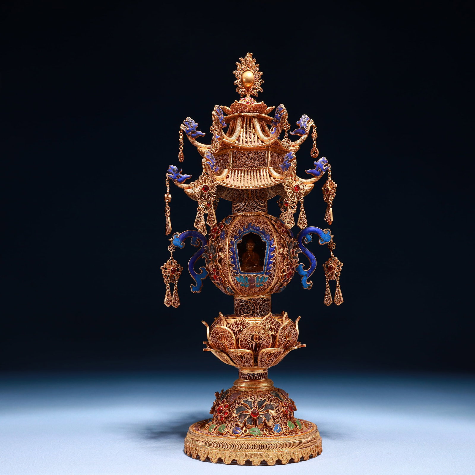An Exquisite Filigree and Gilding Flower Pattern Niche,with Buddha Statue,Inlaid Gems (1 of 11)