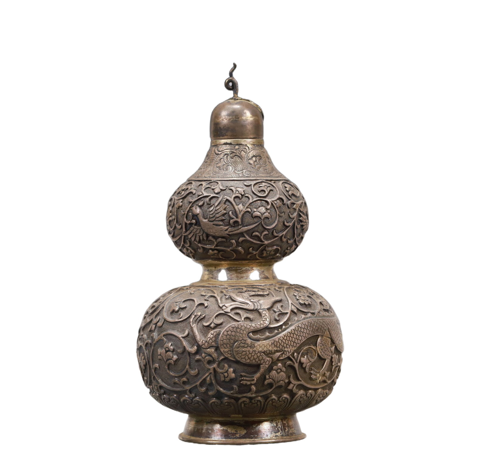 A Precious Silver 'Scrolling Lotus& Dragon' Gourd-Form Vase (1 of 7)