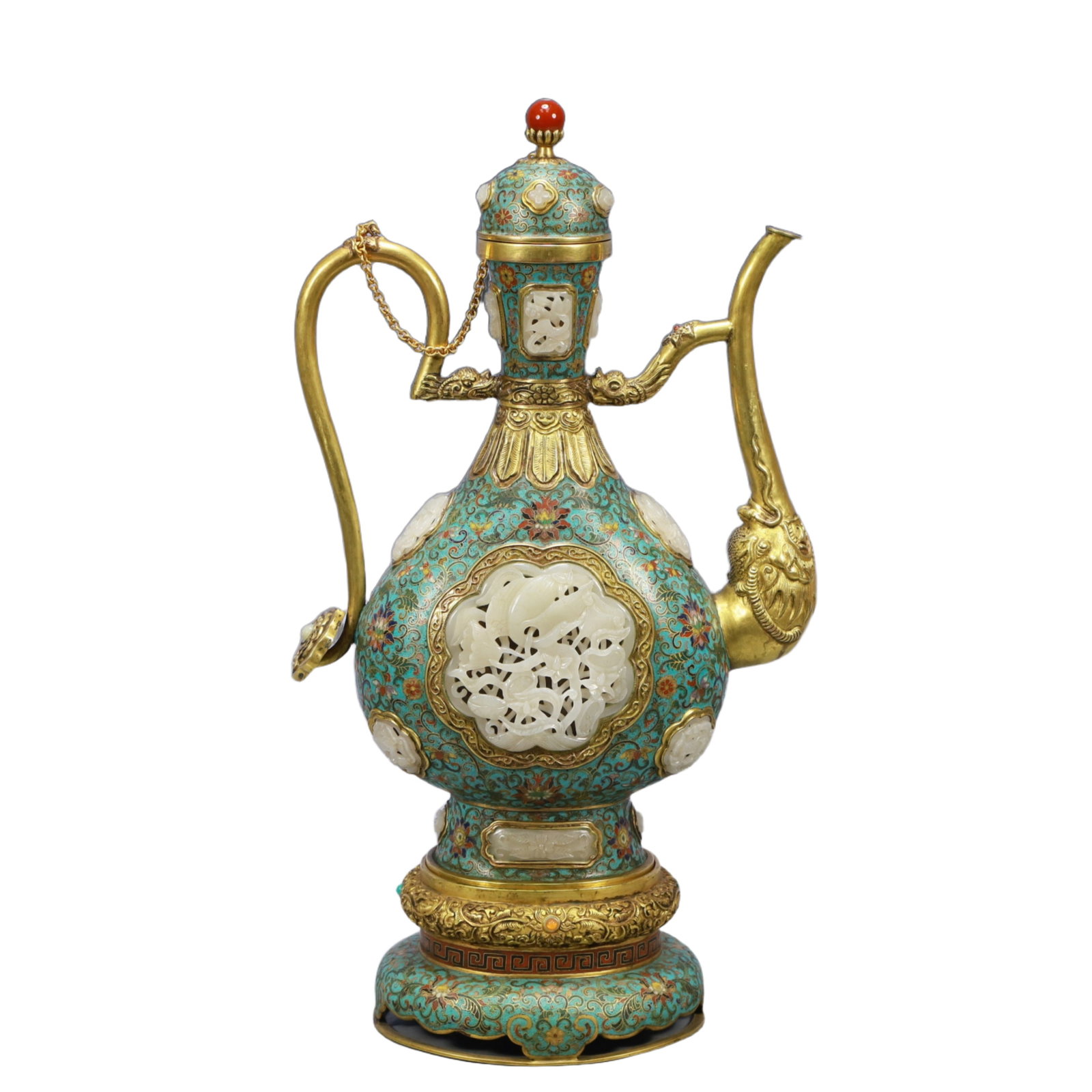 A Huge Cloisonne Inlaid White Jade Lotus and Dragon Pattern Ewer: A Huge Cloisonne Inlaid White Jade Lotus and Dragon Pattern Ewer,Qing Dynasty, China,Qianlong Six-character Mark,Size:11inx5.5inx19.7in,Weight:3500g 景泰蓝嵌白玉