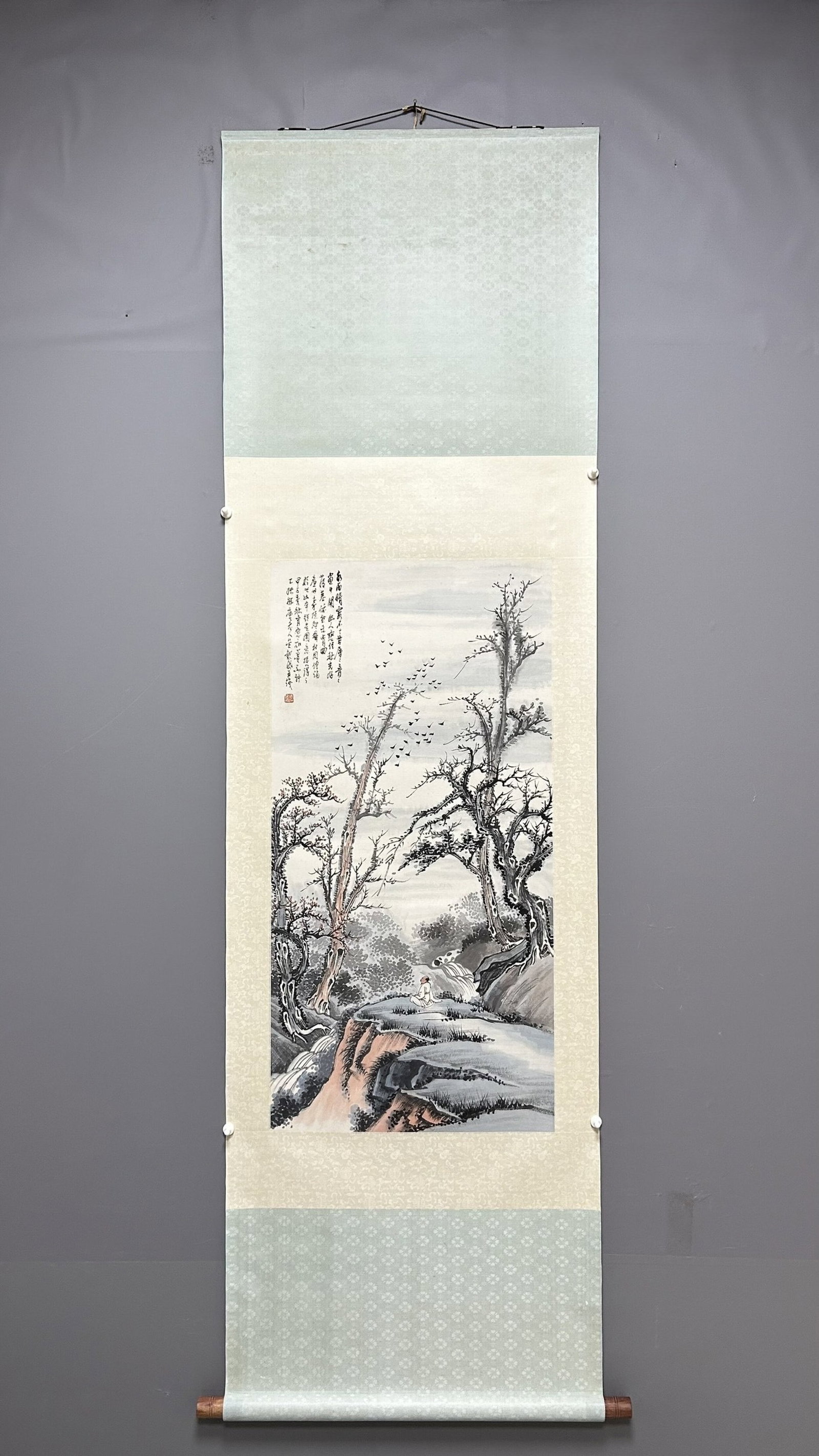 A Chinese Vertical Scroll Ink Painting of Landscape on Paper: A Chinese Vertical Scroll Ink Painting of Landscape on Paper,Qian Shoutie,Size:39.4inx19.7in 一幅中国水墨山水画立轴,钱瘦&#