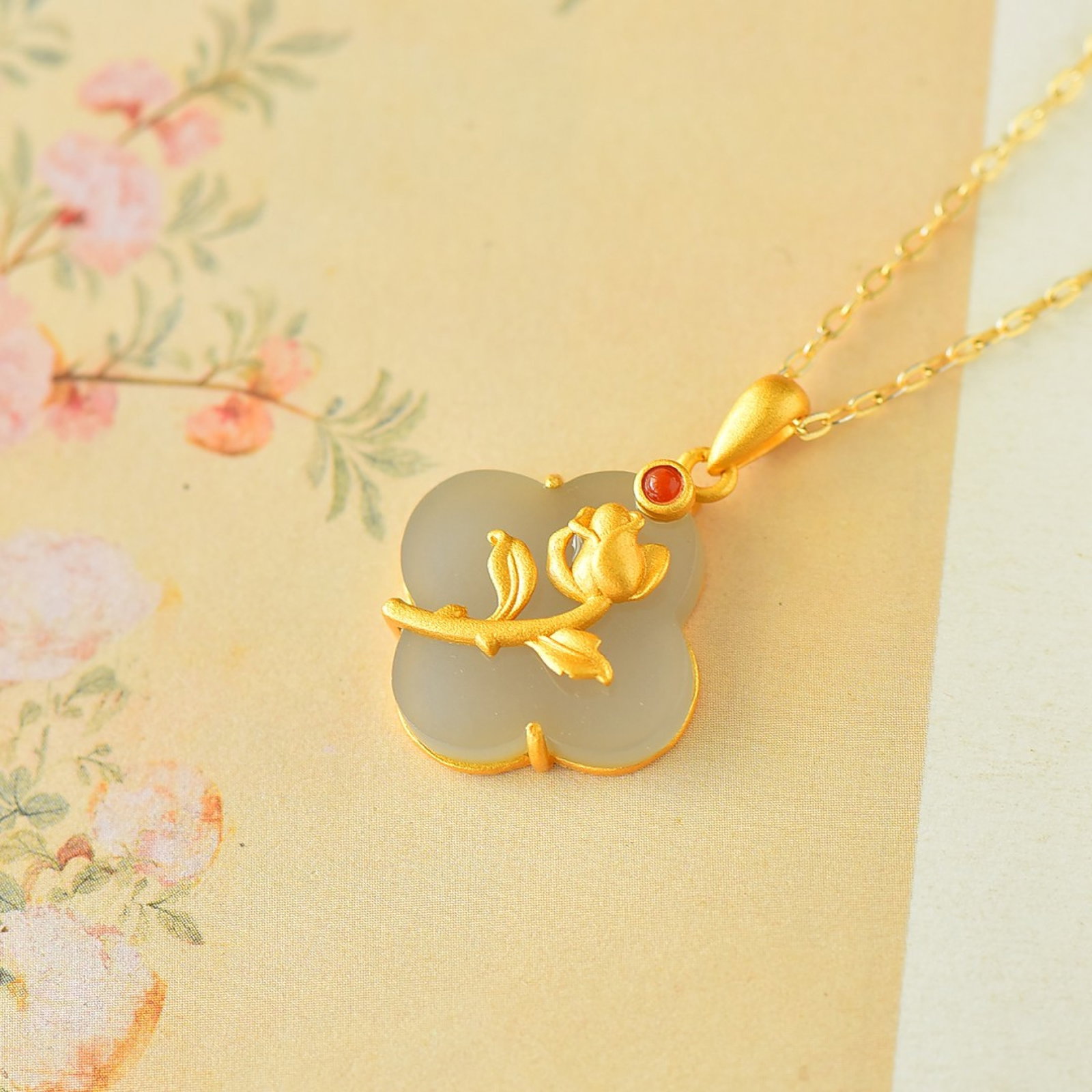 An Exquisite Sterling Silver-Gold Plated Inlaid White Jade Pendant: An Exquisite Sterling Silver-Gold Plated Inlaid White Jade Pendant 纯银镀金镶白玉吊坠