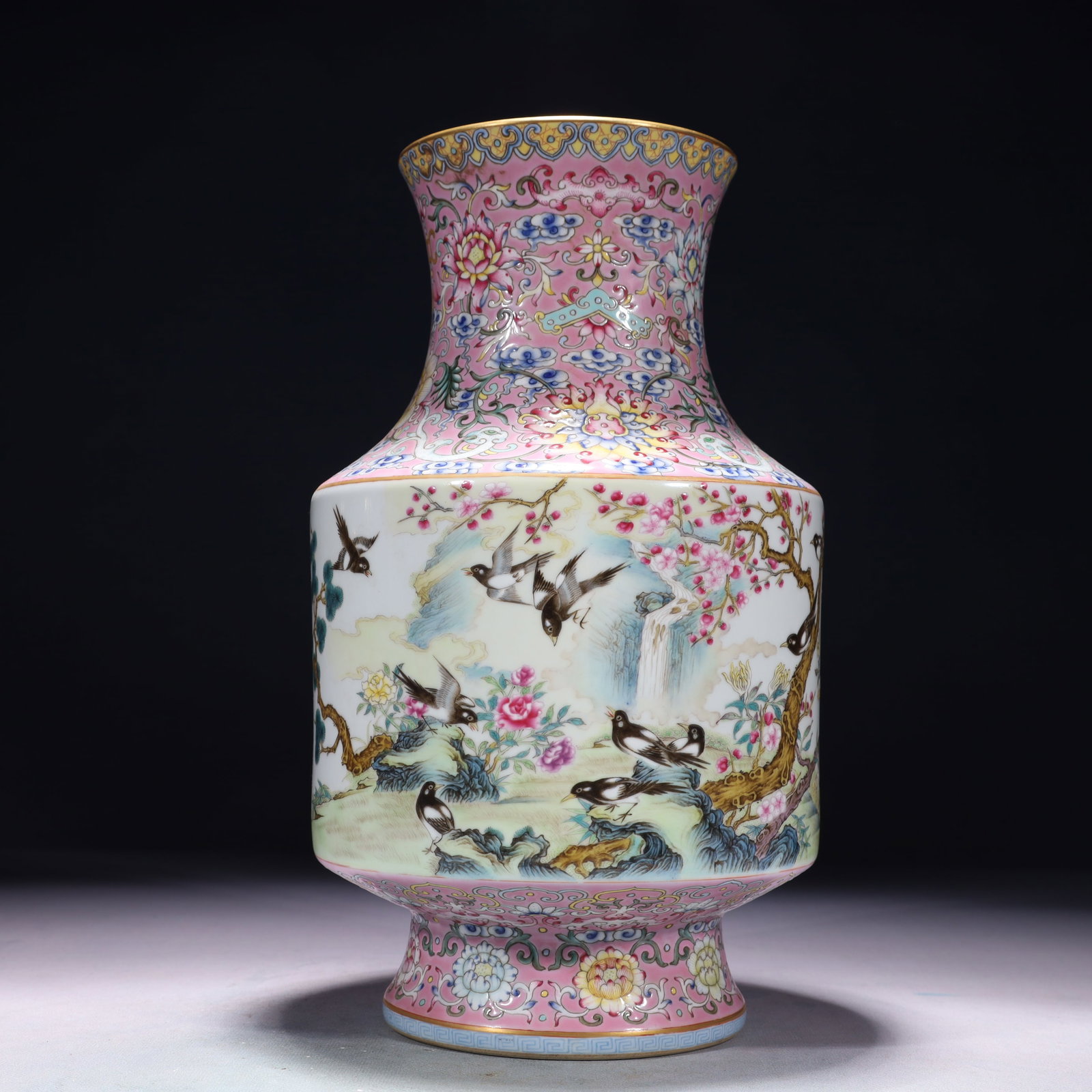 An Exquisite Famille-Rose Painted Gold Flower and Bird Pattern Vase,with poem: An Exquisite Famille-Rose Painted Gold Flower and Bird Pattern Vase,with poem,Qing Dynasty,China,Qianlong Six-character Mark,Size:7.1inx12.6in,Weight:1600g