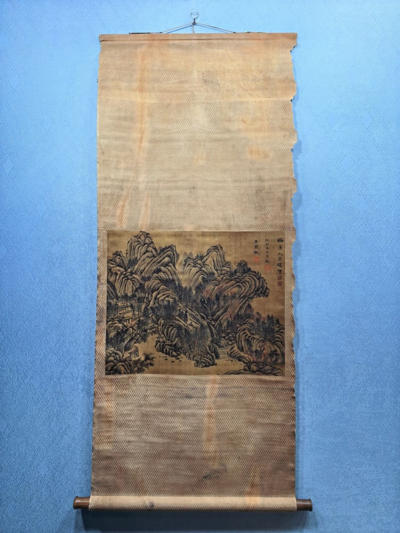 A Chinese Vertical Scroll Ink Painting of Landscape on Silk,Wu Zhen: A Chinese Vertical Scroll Ink Painting of Landscape on Silk,Wu Zhen,Size:(Without frame)17.7inx22in 一幅中国水墨绢本山水画立$