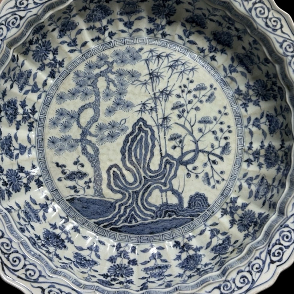 A Huge Blue and White Pine,Bamboo and Plum Blossom Pattern Plate: A Huge Blue and White Pine,Bamboo and Plum Blossom Pattern Plate,Qing Dynasty,China,Size:3.7inx17.9in