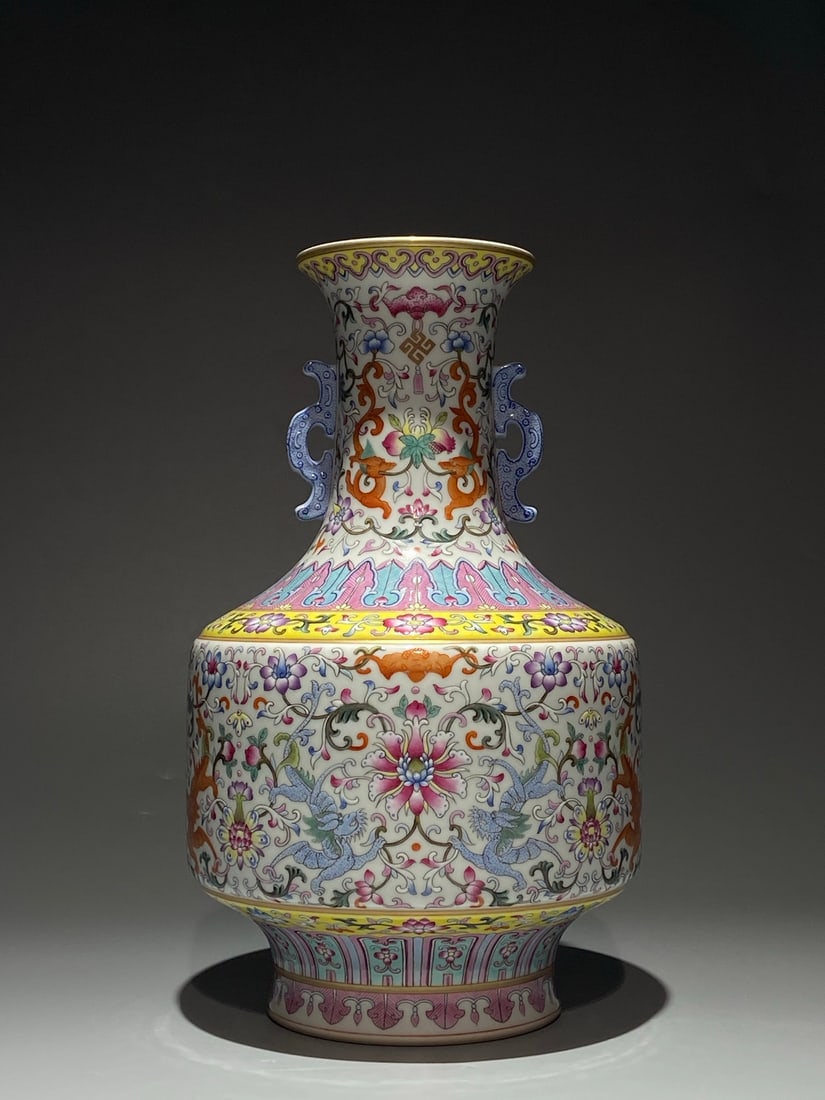 A Rare Famille-Rose Painted Gold Lotus and Dragon Pattern Double-Ears Vase: A Rare Famille-Rose Painted Gold Lotus and Dragon Pattern Double-Ears Vase,Qing Dynasty,China,Qianlong Six-character Mark,Size:11.8inx7.1in