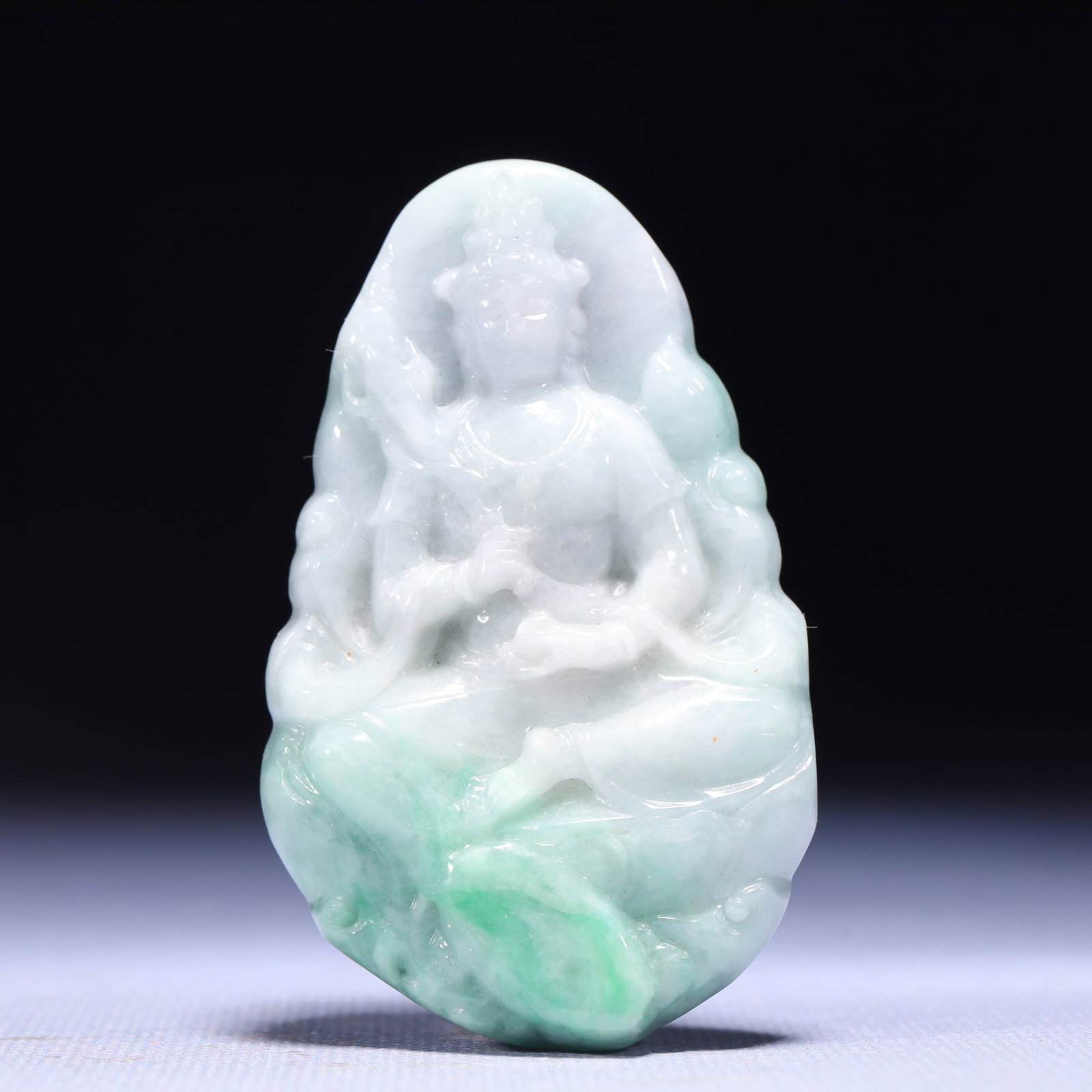 An Exquisite Jadeite Statue of Manjusri Pendant: An Exquisite Jadeite Statue of Manjusri Pendant,Qing Dynasty,China,Size:1.8inx0.6inx3in,Weight:79g 翡翠文殊菩萨像挂件,中国清