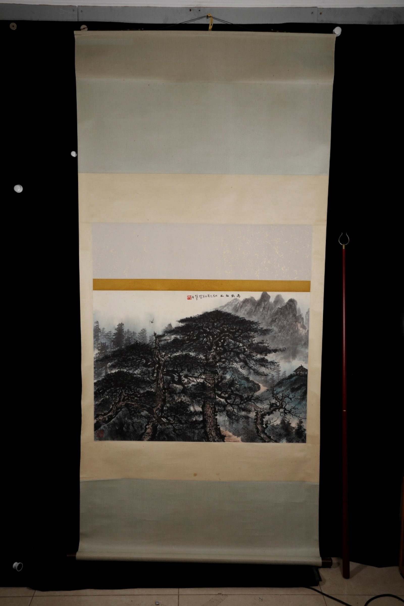 A Chinese Vertical Scroll Ink Painting of Pine on Paper: A Chinese Vertical Scroll Ink Painting of Pine on Paper,Li Xiongcai,Size:26.8inx37.4in 一幅中国水墨松树画立轴,黎雄才
