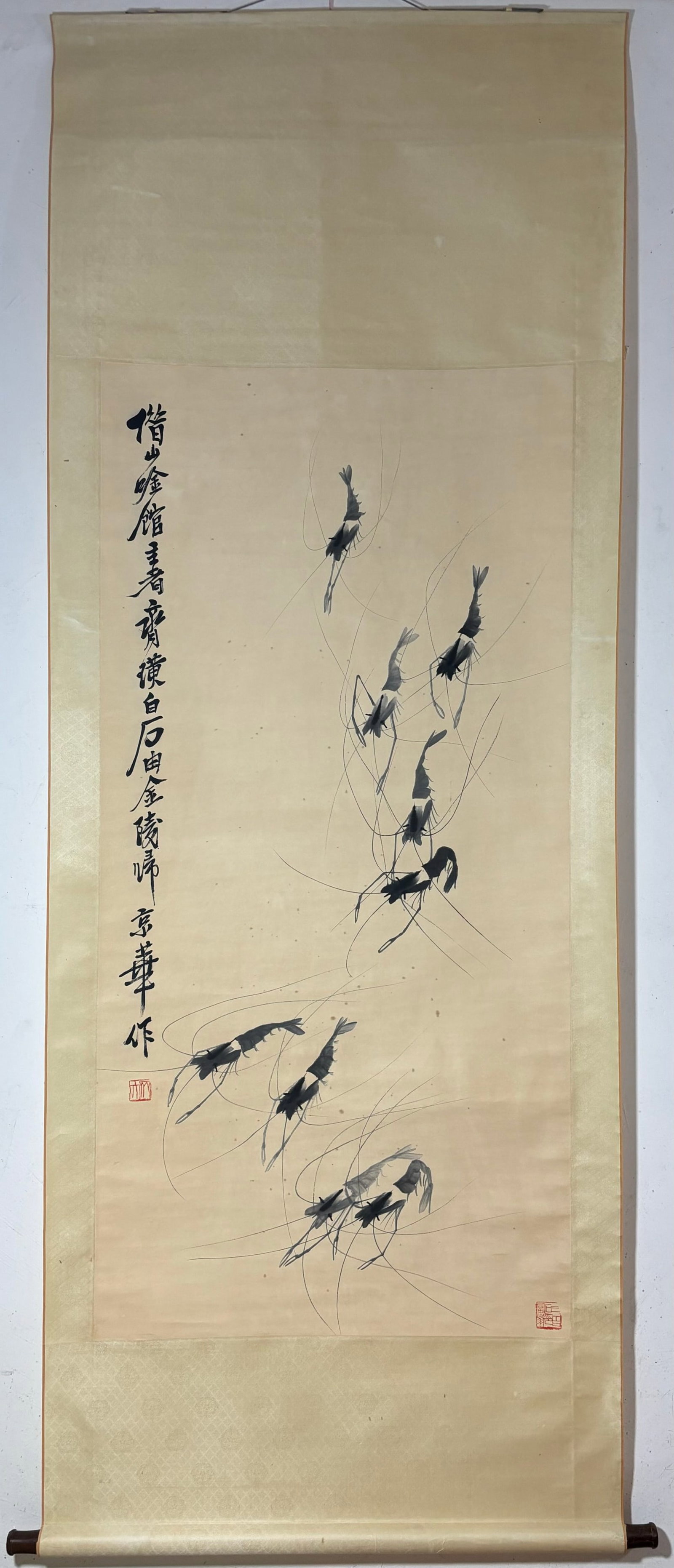 A Chinese Vertical Scroll Ink Painting of Shrimp on Paper: A Chinese Vertical Scroll Ink Painting of Shrimp on Paper,Qi Baishi,Size:54.1inx26.4in 一幅中国水墨虾画立轴,齐白石