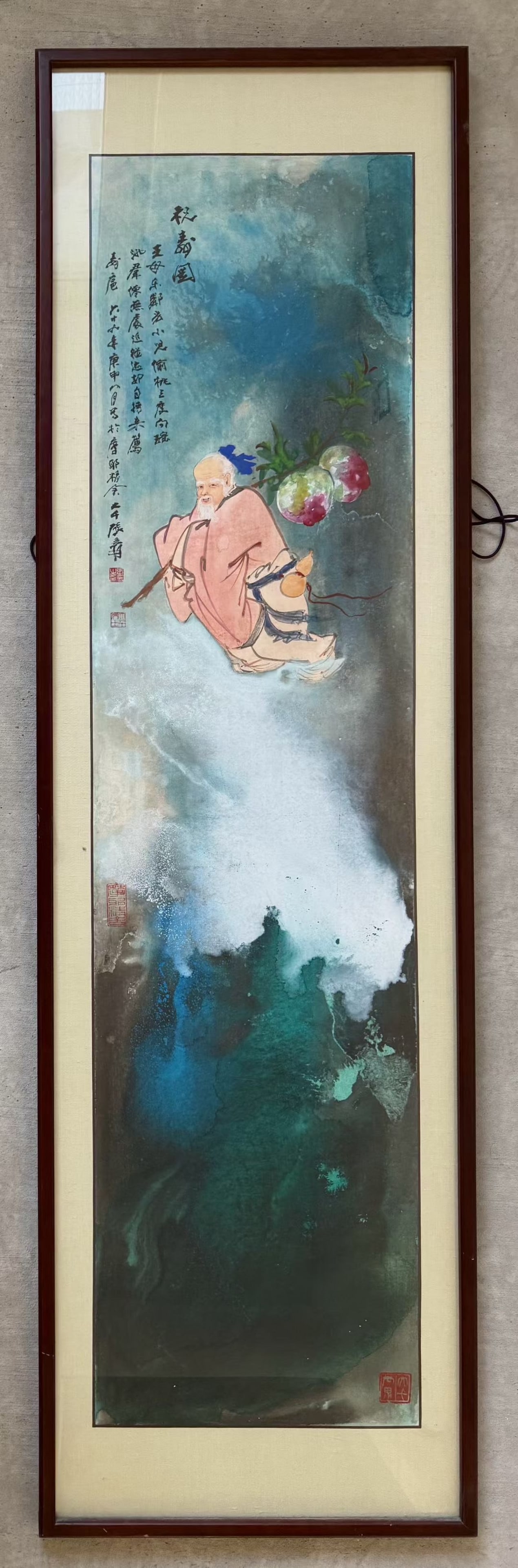 A Chinese Ink Painting of Figure on Paper with Frame: A Chinese Ink Painting of Figure on Paper with Frame,Zhang Daqian,Size:(Without frame)54.3inx14.2in,(Frame)63.8inx18.5in 一幅中国水墨人物画带