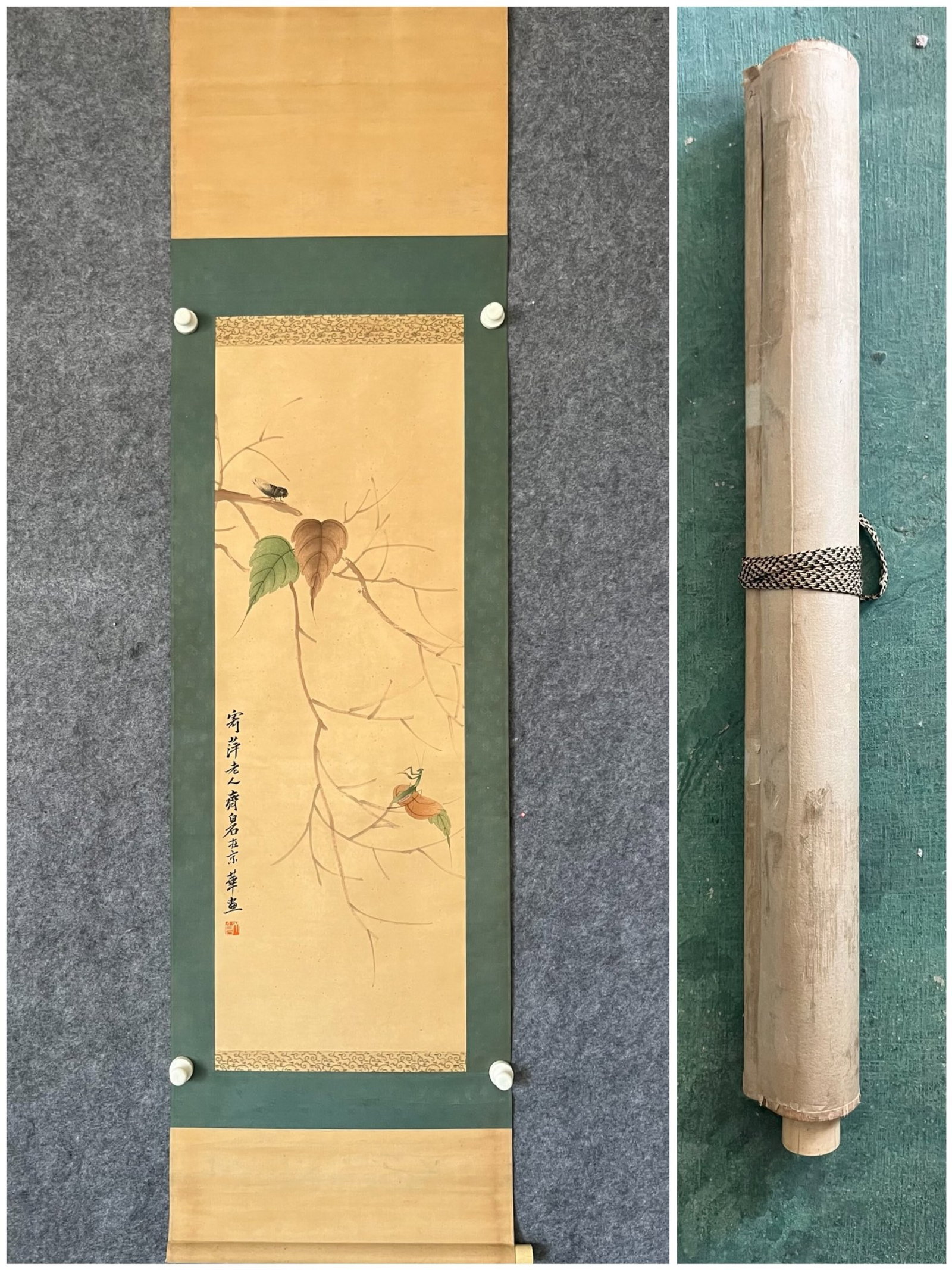 A Chinese Vertical Scroll Ink Painting of Insect on Paper: A Chinese Vertical Scroll Ink Painting of Insect on Paper,Qi Baishi,Size:13.8inx39.4in 一幅中国水墨昆虫画立轴,齐白石