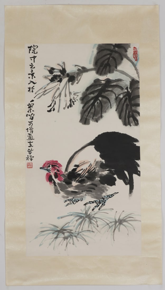 A Chinese Ink Painting of Rooster on Paper: A Chinese Ink Painting of Rooster on Paper,Li Kuchan,Size:34.6inx18.9in 一幅中国水墨鸡画,李苦禅