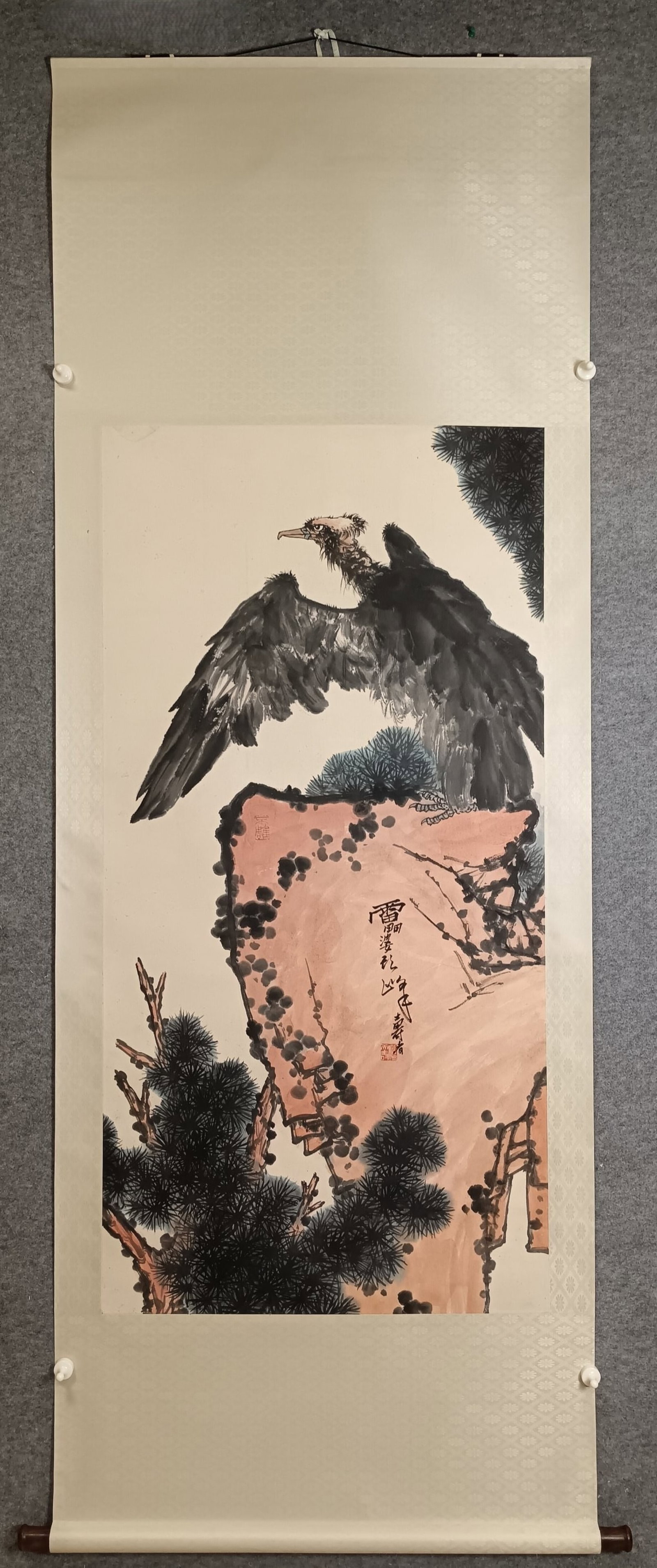A Chinese Vertical Scroll Ink Painting of Pine and Eagle on Paper: A Chinese Vertical Scroll Ink Painting of Pine and Eagle on Paper,Pan Tianshou,Size:26.8inx54.3in 一幅中国水墨松鹰画立轴,潘ä