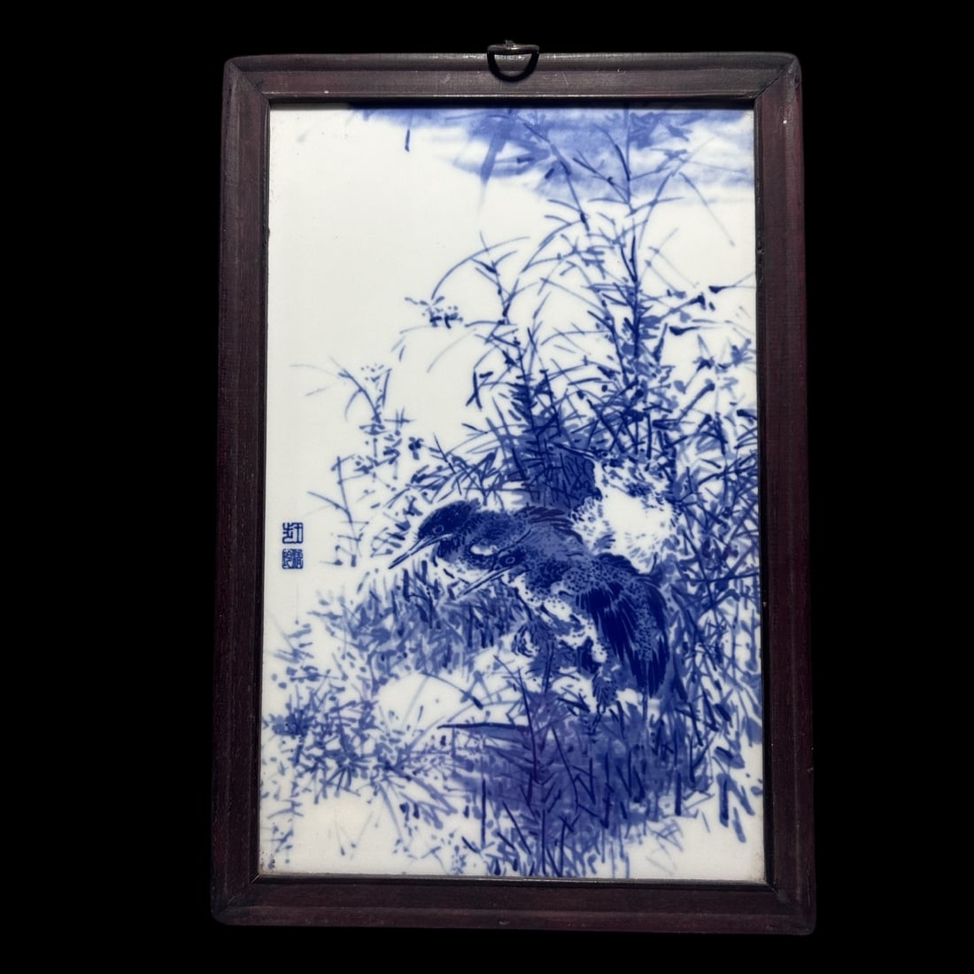 A Huge Redwood Inlaid Blue and White Flower and Bird Pattern Porcelain Plaques: A Huge Redwood Inlaid Blue and White Flower and Bird Pattern Porcelain Plaques,Qing Dynasty,China,Size:11.6inx17.7inx1in