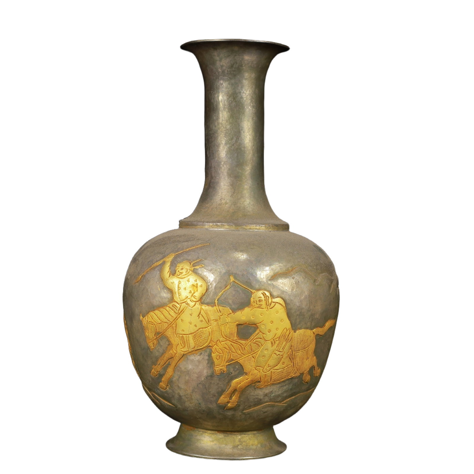 An Exquisite Gilt Silver Figure Pattern Vase: An Exquisite Gilt Silver Figure Pattern Vase,Tang Dynasty,China,Zhenguan Four-Character Mark,Size:4.3inx8.7in,Weight:500g