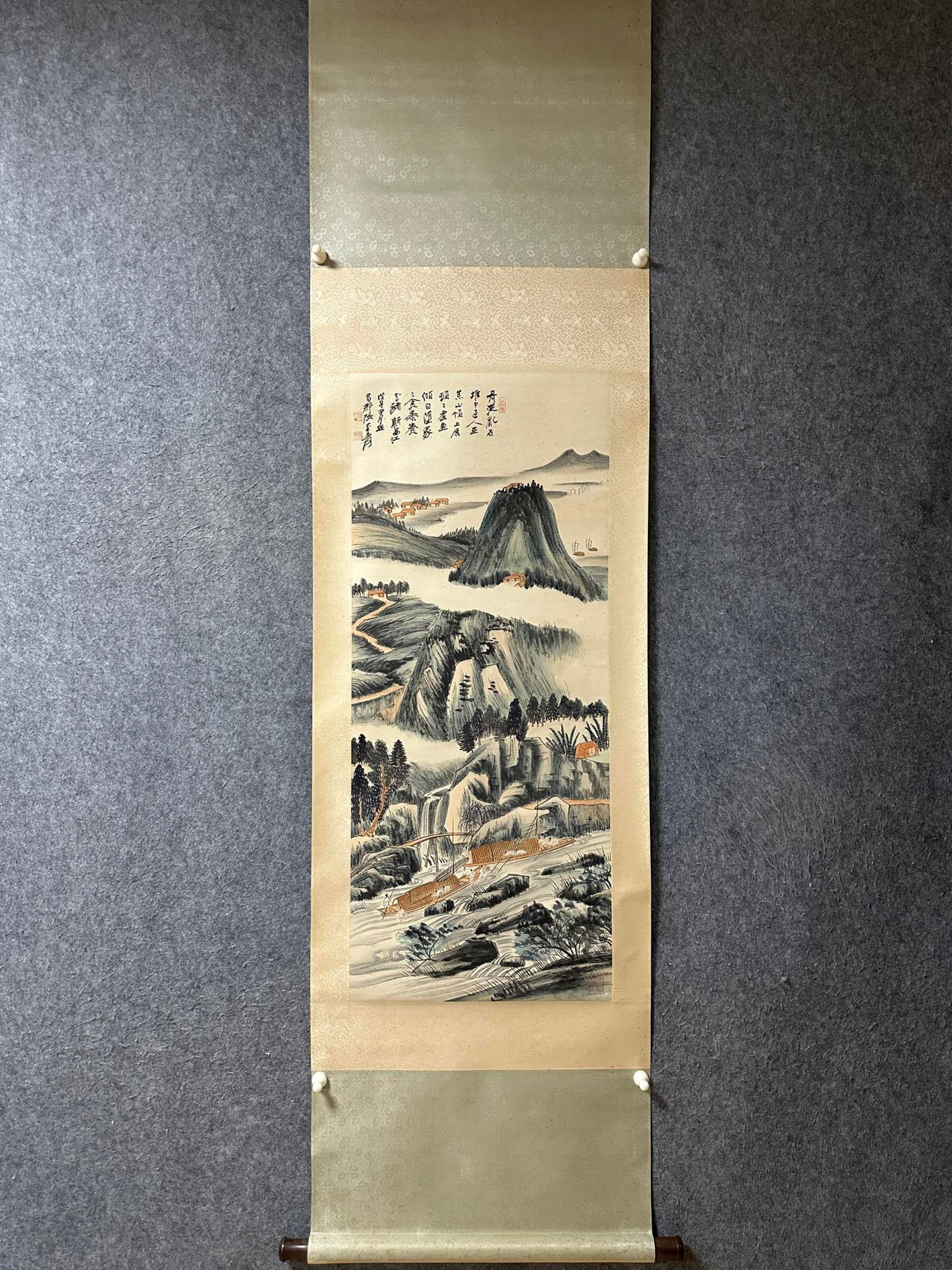 A Chinese Vertical Scroll Ink Painting of Landscape on Paper: A Chinese Vertical Scroll Ink Painting of Landscape on Paper,Zhang Daqian,Size:41.7inx17.3in 一幅中国水墨山水画立轴,张大&#