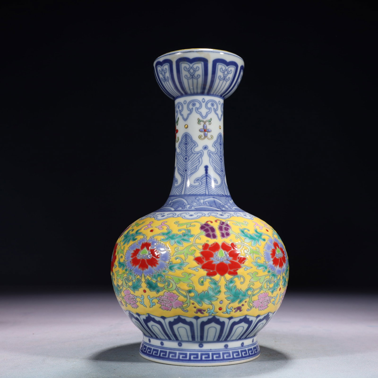 An Exquisite Yellow Ground Famille-Rose Lotus Pattern Vase: An Exquisite Yellow Ground Famille-Rose Lotus Pattern Vase,Qing Dynasty,China,Yongzheng Six-character Mark,Size:5.1inx9.8in,Weight:950g 黄地粉彩缠枝莲纹