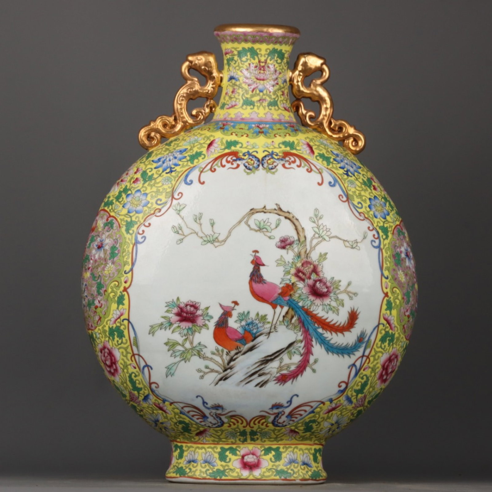 A Huge Enamel Gilt Flower and Phoenix Pattern Double-Ears Vase: A Huge Enamel Gilt Flower and Phoenix Pattern Double-Ears Vase,Qing Dynasty,China,Qianlong Six-character Mark,Size:20.1inx14.2in