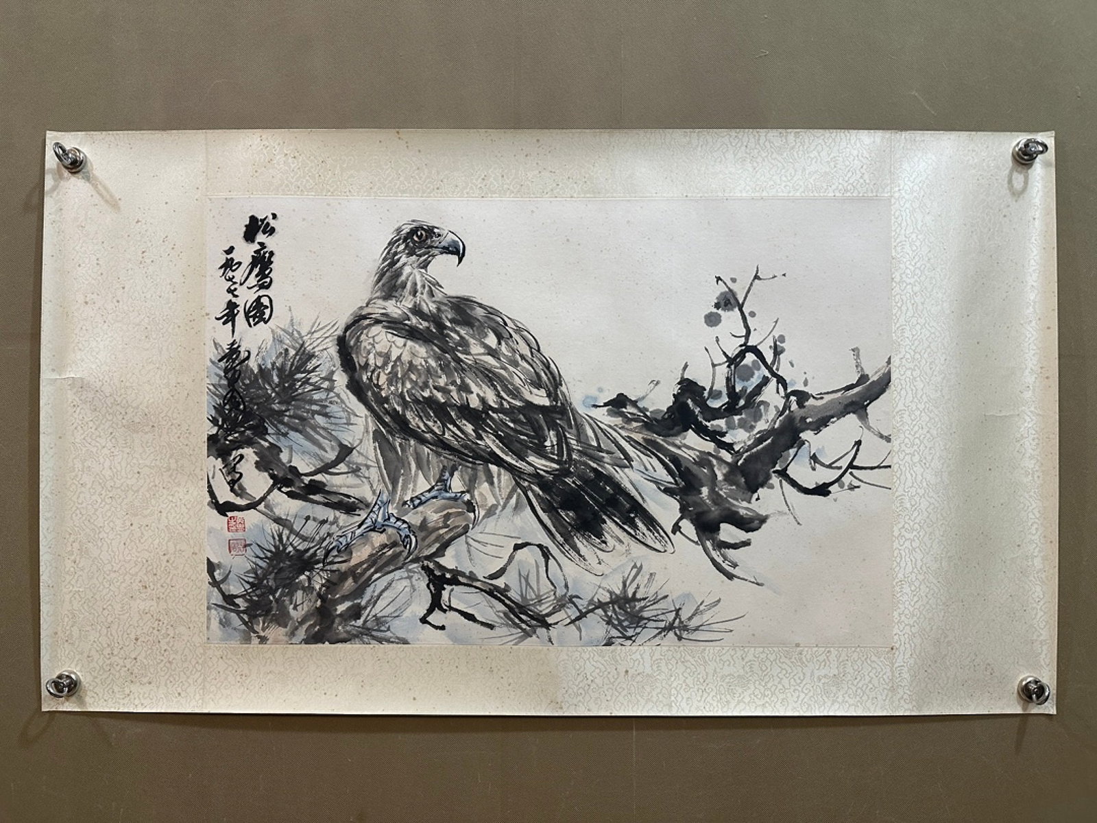 A Chinese Ink Painting of Pine and Eagle on Paper: A Chinese Ink Painting of Pine and Eagle on Paper,Huang Zhou,Size:27.2inx17.7in 一幅中国水墨松鹰画,黄胄