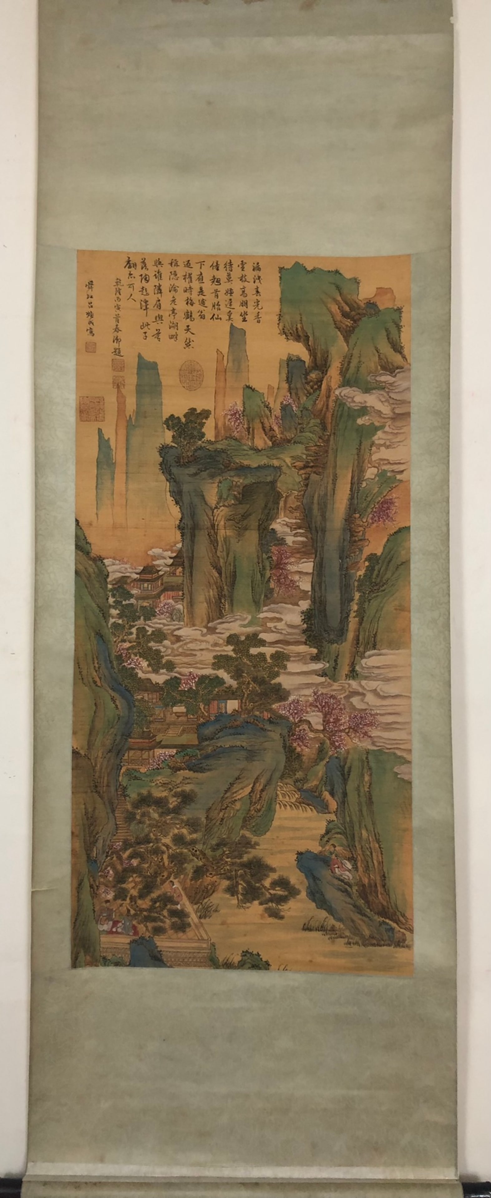 A Chinese Vertical Scroll Ink Painting of Landscape and Figure on Silk: A Chinese Vertical Scroll Ink Painting of Landscape and Figure on Silk,Lv Huancheng,Size:38.6inx18.1in 一幅中国水墨绢本山水人物&