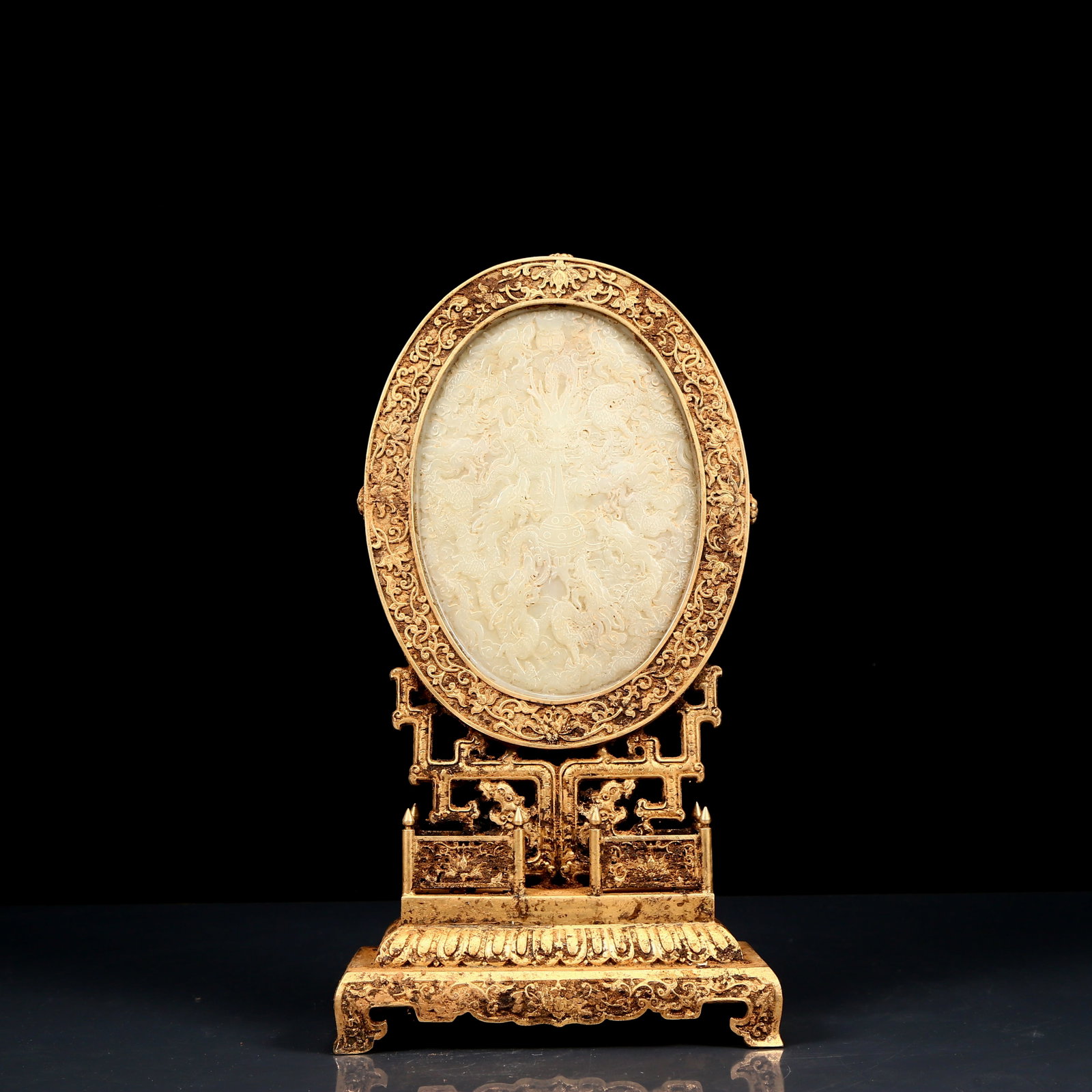 A Rare Gilt Bronze Inlaid White Jade Dragon Pattern Table Screen,with an Imperial Poem by Emperor: A Rare Gilt Bronze Inlaid White Jade Dragon Pattern Table Screen,with an Imperial Poem by Emperor Qianlong,Qing Dynasty, China,Size:6.7inx3.5inx12.6in,Weight:1665g