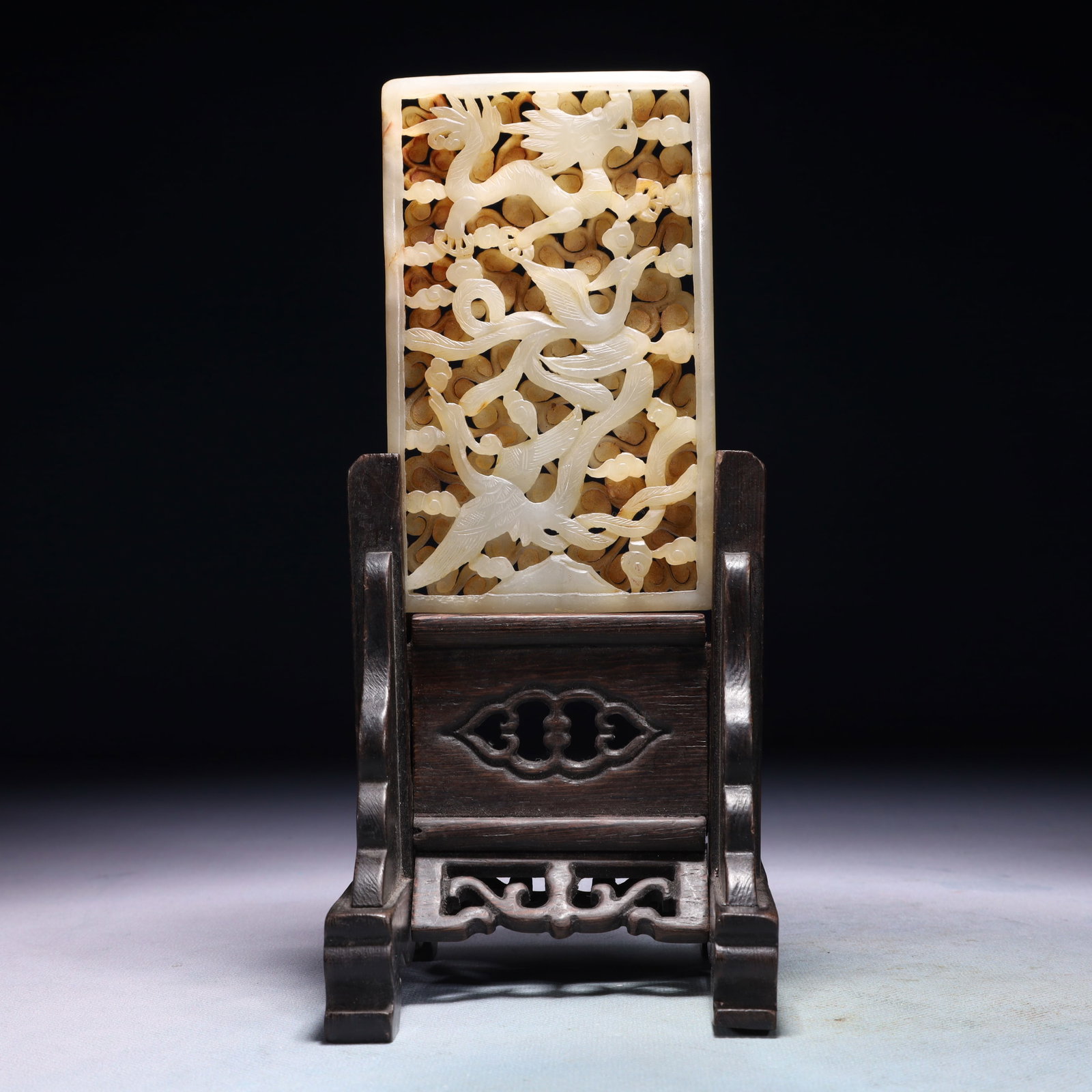 An Exquisite Zitanwood Inlaid White Jade Dragon and Phoenix Pattern Table Screen: An Exquisite Zitanwood Inlaid White Jade Dragon and Phoenix Pattern Table Screen,Qing Dynasty,China,Size:3.9inx4.3inx9.1in,Weight:317.1g