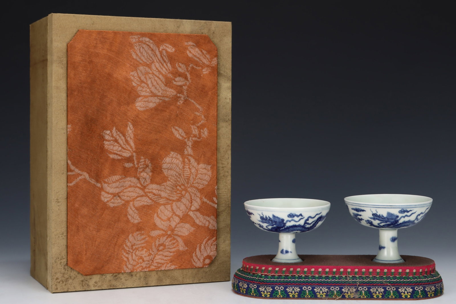 A Pair of Exquisite Blue and White Auspicious Cloud and Dragon Pattern Stem Cups: A Pair of Exquisite Blue and White Auspicious Cloud and Dragon Pattern Stem Cups,Ming Dynasty,China,Chenghua Six-character Mark,Size:2.4inx3.3in