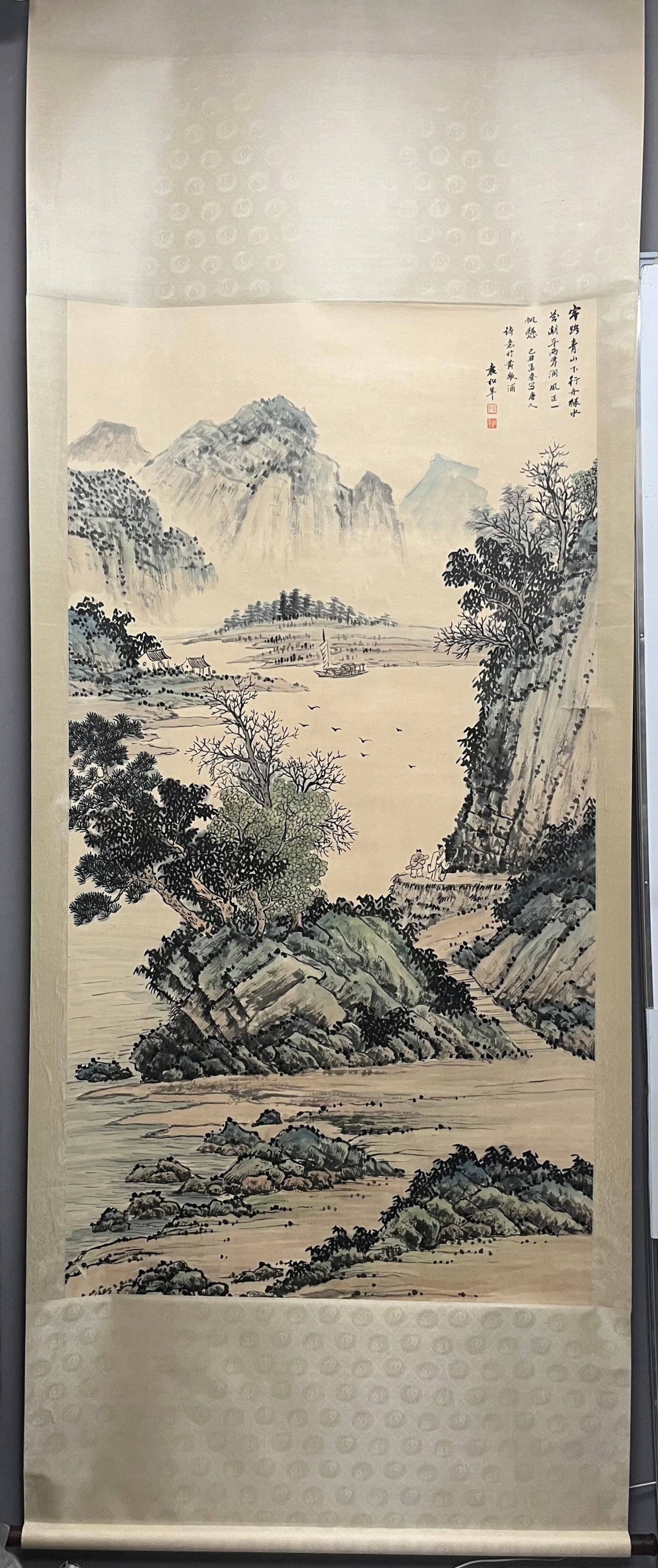 A Chinese Vertical Scroll Ink Painting of Landscape on Paper: A Chinese Vertical Scroll Ink Painting of Landscape on Paper,Yuan Songnian,Size:70.9inx38.2in
