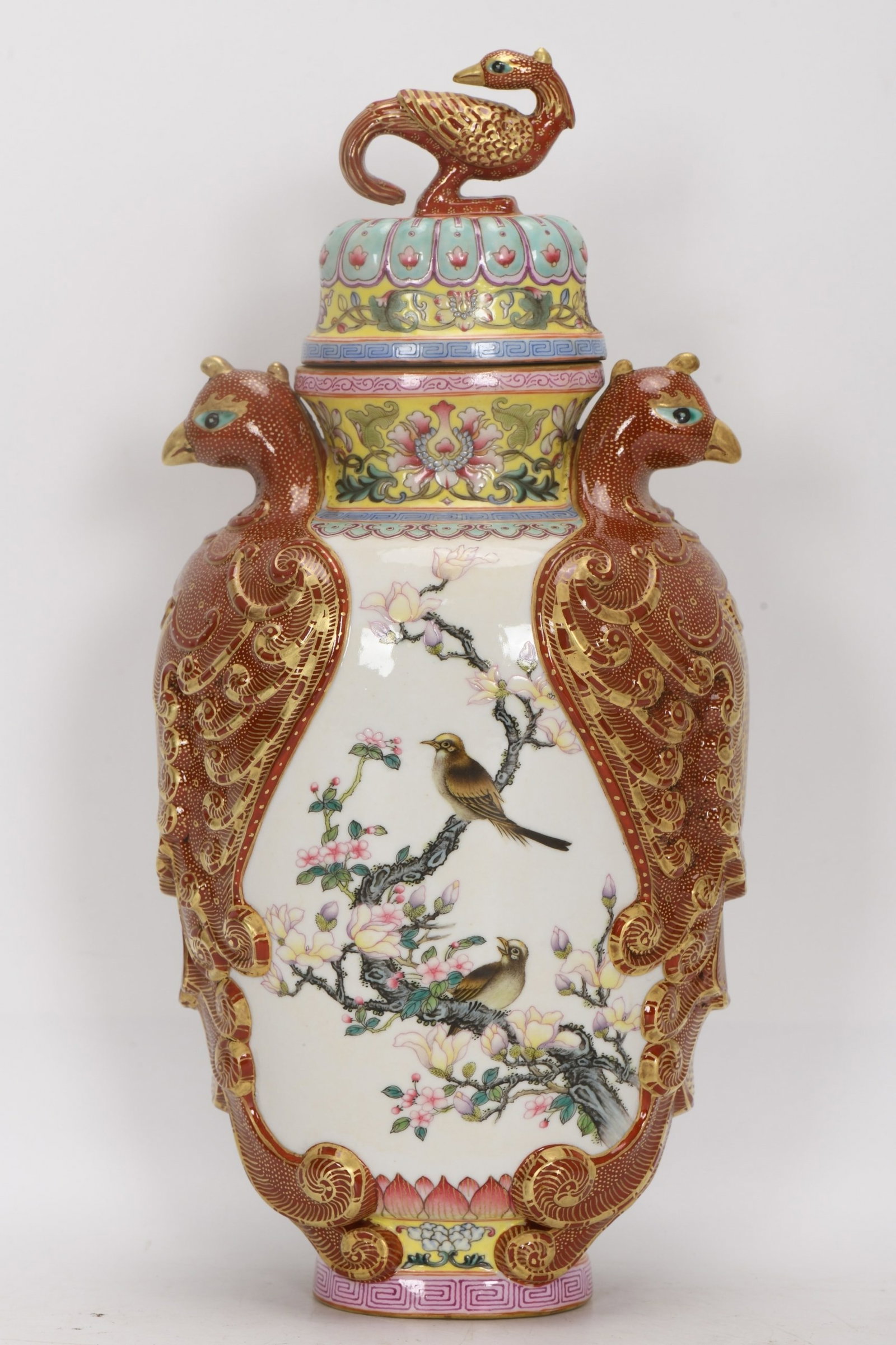 A Rare Enamel Painted Gold Flower and Bird Pattern Jar with Cover: A Rare Enamel Painted Gold Flower and Bird Pattern Jar with Cover,Qing Dynasty,China,Yongzheng Four-character Mark,Size:11.8inx5.6in 珐琅彩描金花鸟纹