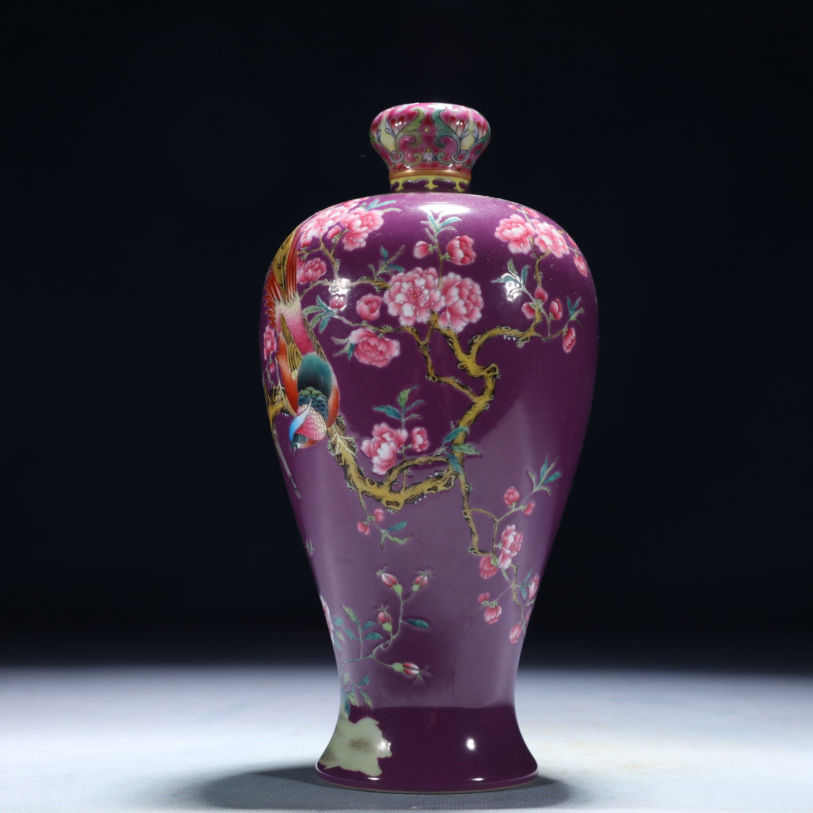 An Exquisite Purple Glazed Famille-Rose Flower and Bird Pattern Vase,with poem: An Exquisite Purple Glazed Famille-Rose Flower and Bird Pattern Vase,with poem,Qing Dynasty,China,Yongzheng Six-character Mark,Size:3.5inx8.3in,Weight:500g 紫釉粉彩花(