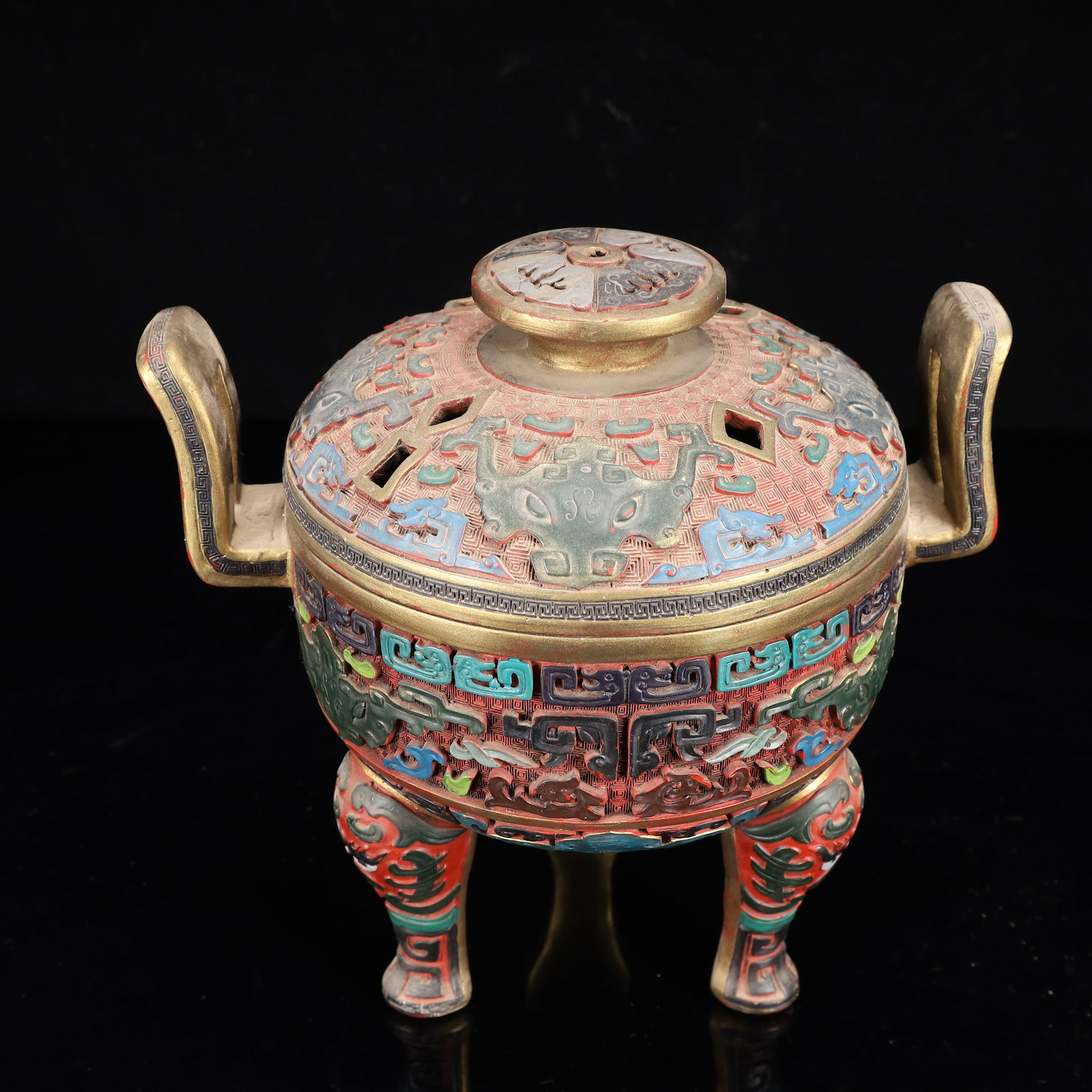 An Exquisite Carved Red Lacquer Painted Color Beast-Face Pattern Double-Ears Beast Legs Censer: An Exquisite Carved Red Lacquer Painted Color Beast-Face Pattern Double-Ears Beast Legs Censer,Qing Dynasty, China,Size:10.2inx7.5inx10.2in,Weight:1800g 剔红漆器彩绘