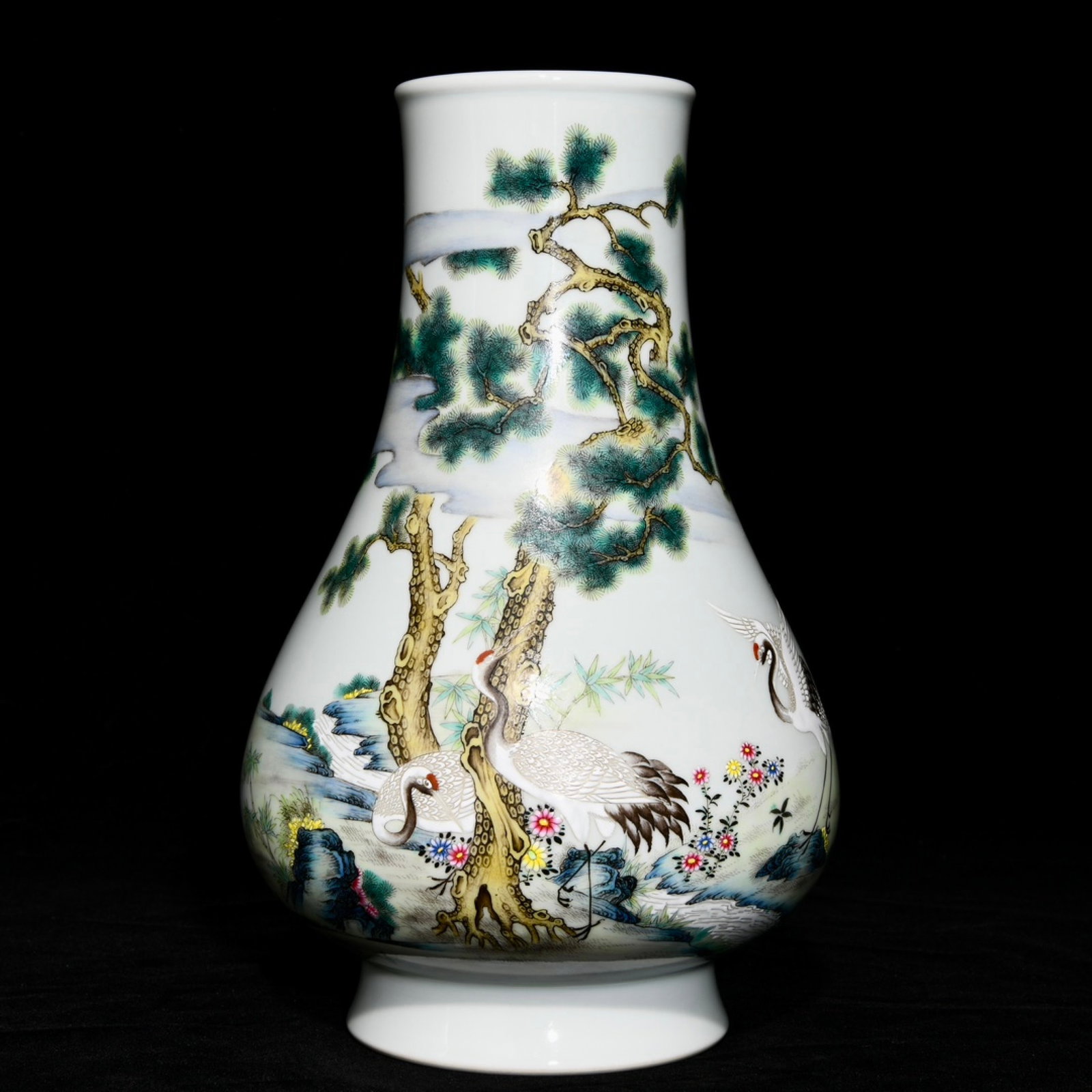 An Exquisite Famille-Rose Pine and Crane Pattern Vase,with poem: An Exquisite Famille-Rose Pine and Crane Pattern Vase,with poem,Qing Dynasty,China,Yongzheng Six-character Mark,Size:11.3inx6.7in 粉彩松鹤纹瓶,带诗ă
