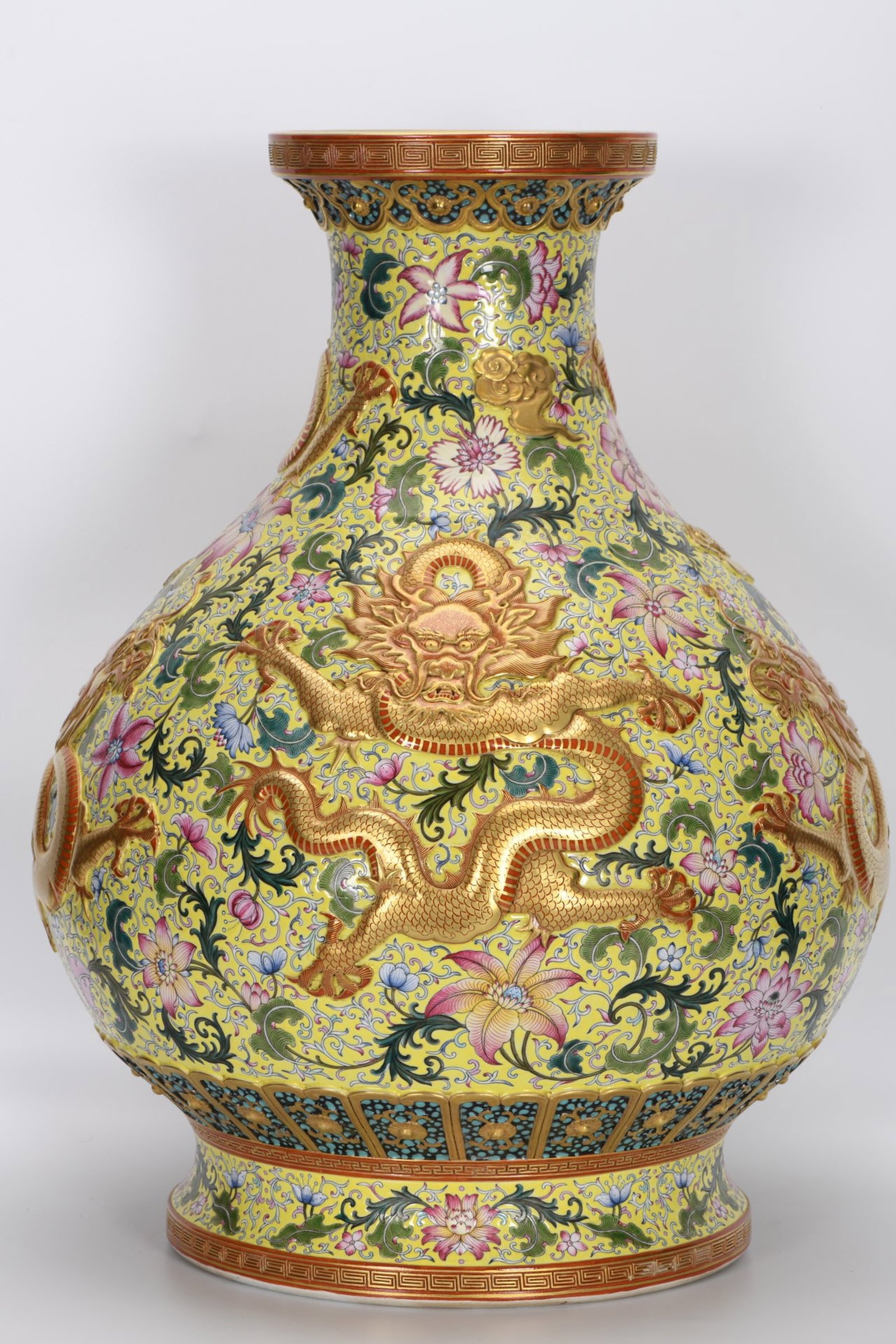 A Huge Yellow Ground Enamel Lotus and Dragon Pattern Vase (1 of 8)
