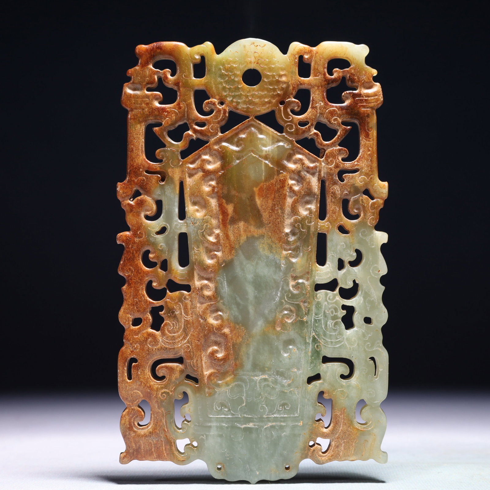 An Exquisite White Jade Beast-Face Pattern Pendant: An Exquisite White Jade Beast-Face Pattern Pendant,Qing Dynasty,China,Size:3.7inx6.3in,Weight:238.5g 白玉兽面纹挂件,中国清代
