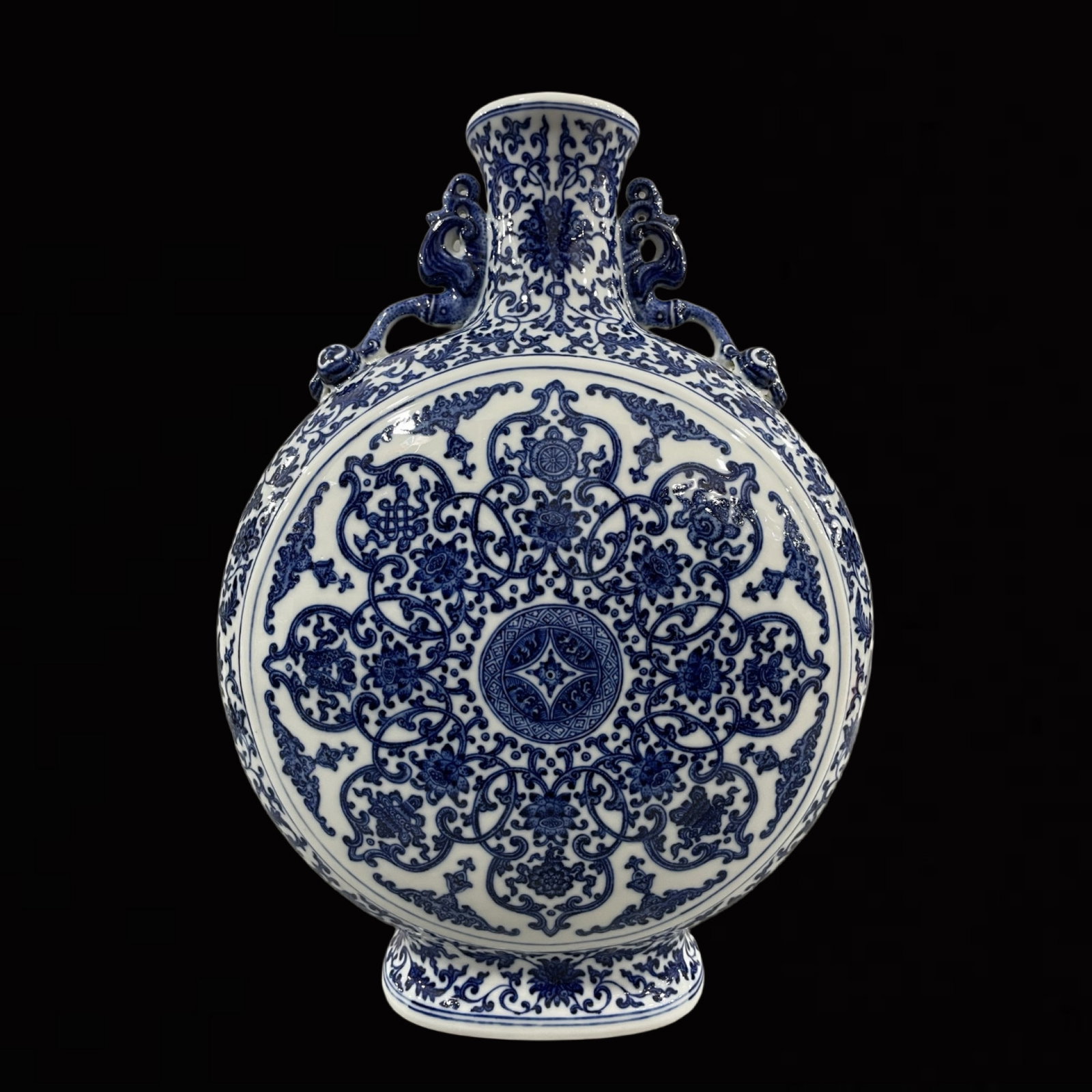 A Huge Blue and White Eight Treasures Pattern Double-Ears Vase: A Huge Blue and White Eight Treasures Pattern Double-Ears Vase,Qing Dynasty,China,Qianlong Six-character Mark,Size:16.1inx11.4in 青花八宝纹双耳瓶,ߑ