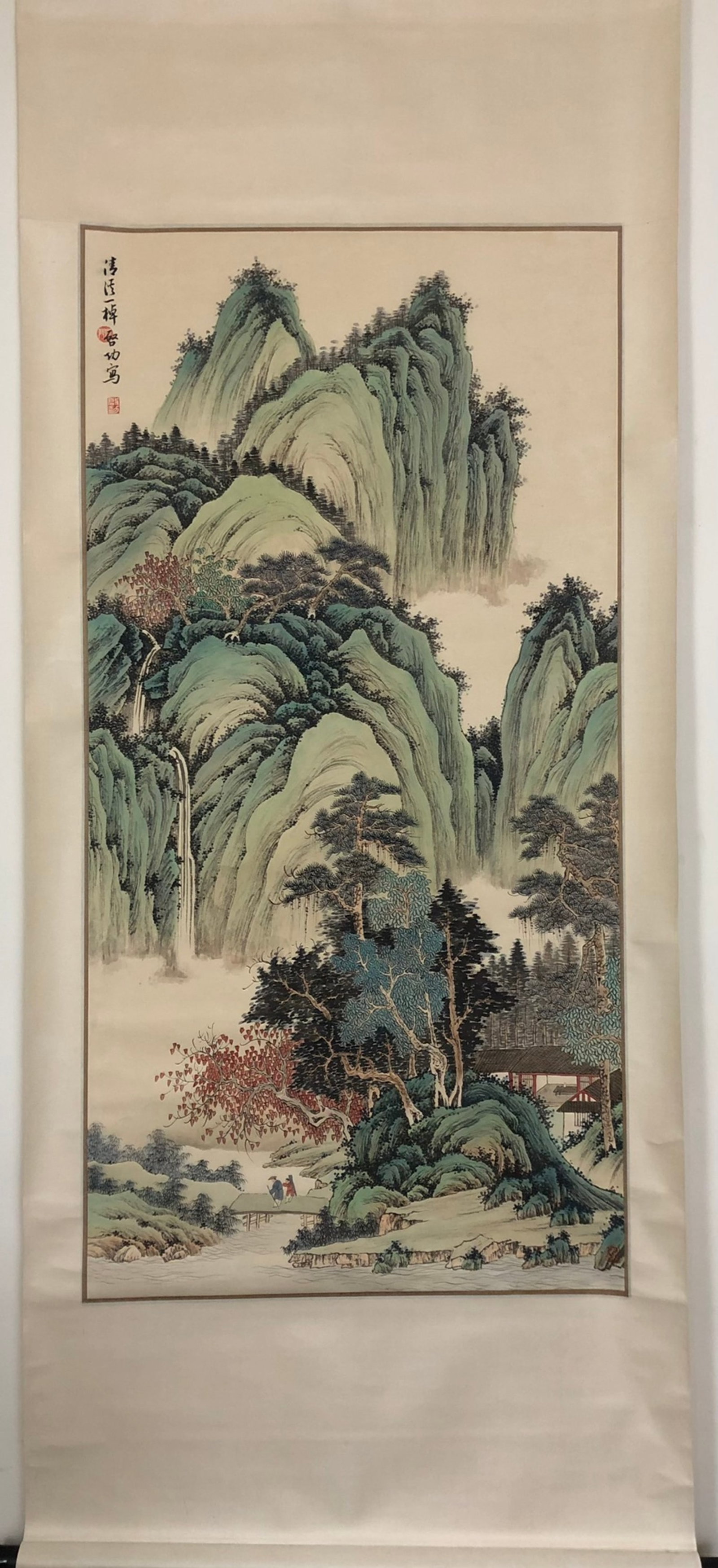 A Chinese Vertical Scroll Ink Painting of Landscape and Figure on Paper: A Chinese Vertical Scroll Ink Painting of Landscape and Figure on Paper,Qi Gong,Size:51.2inx25.6in 一幅中国水墨山水人物画立ů