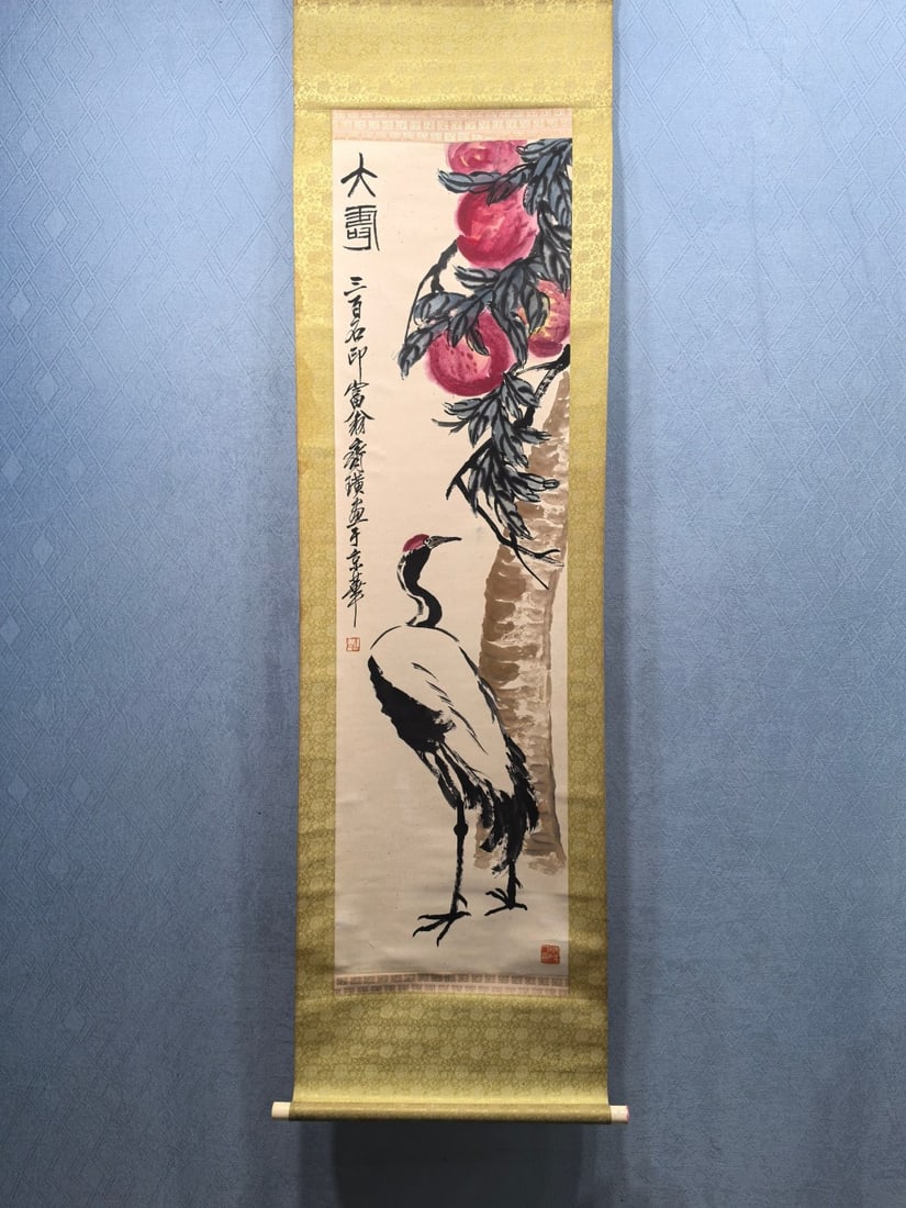 A Chinese Vertical Scroll Ink Painting of Crane and Peach on Paper,Qi Baishi: A Chinese Vertical Scroll Ink Painting of Crane and Peach on Paper,Qi Baishi,Size:15.2inx53.6in 一幅中国水墨鹤桃图立轴,齐白