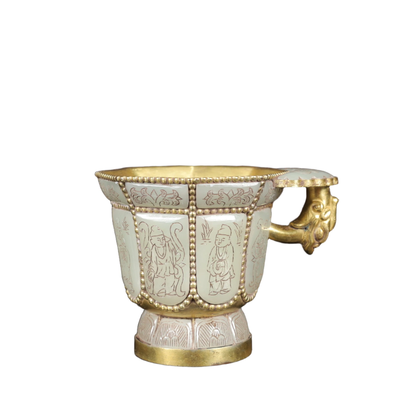 An Exquisite White Jade Cover with Gold Figure Pattern Cup: An Exquisite White Jade Cover with Gold Figure Pattern Cup,Qing Dynasty,China,Qianlong Four-character Mark,Size:(Cup)3.9inx3.1inx3in,(Box)8.3inx6.7inx5.1in,Weight:300g