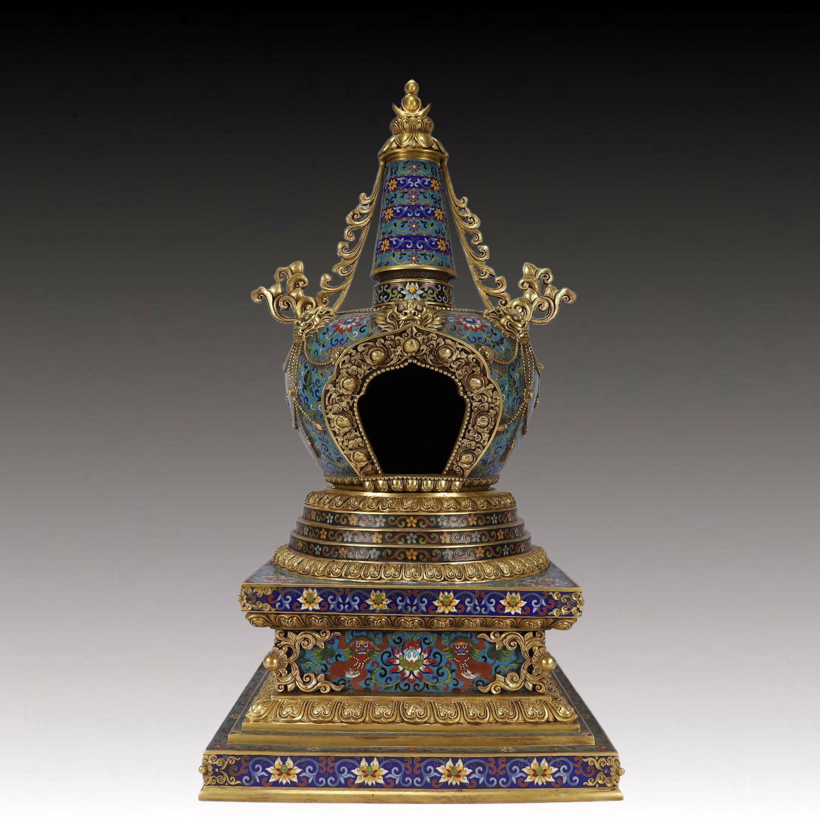 A Huge Cloisonne Lotus and Lion Pattern Double-Ears Pagoda: A Huge Cloisonne Lotus and Lion Pattern Double-Ears Pagoda,Qing Dynasty, China,Qianlong Four-character Mark,Size:13.4inx26in,Weight:21500g