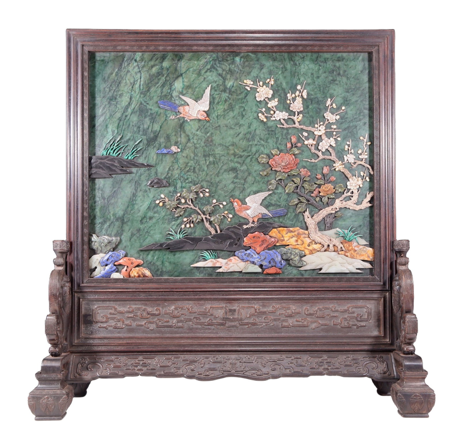 An exquisite zitanwood inlaid with jasper, gold and gemstone flower and bird pattern table screen (1 of 17)
