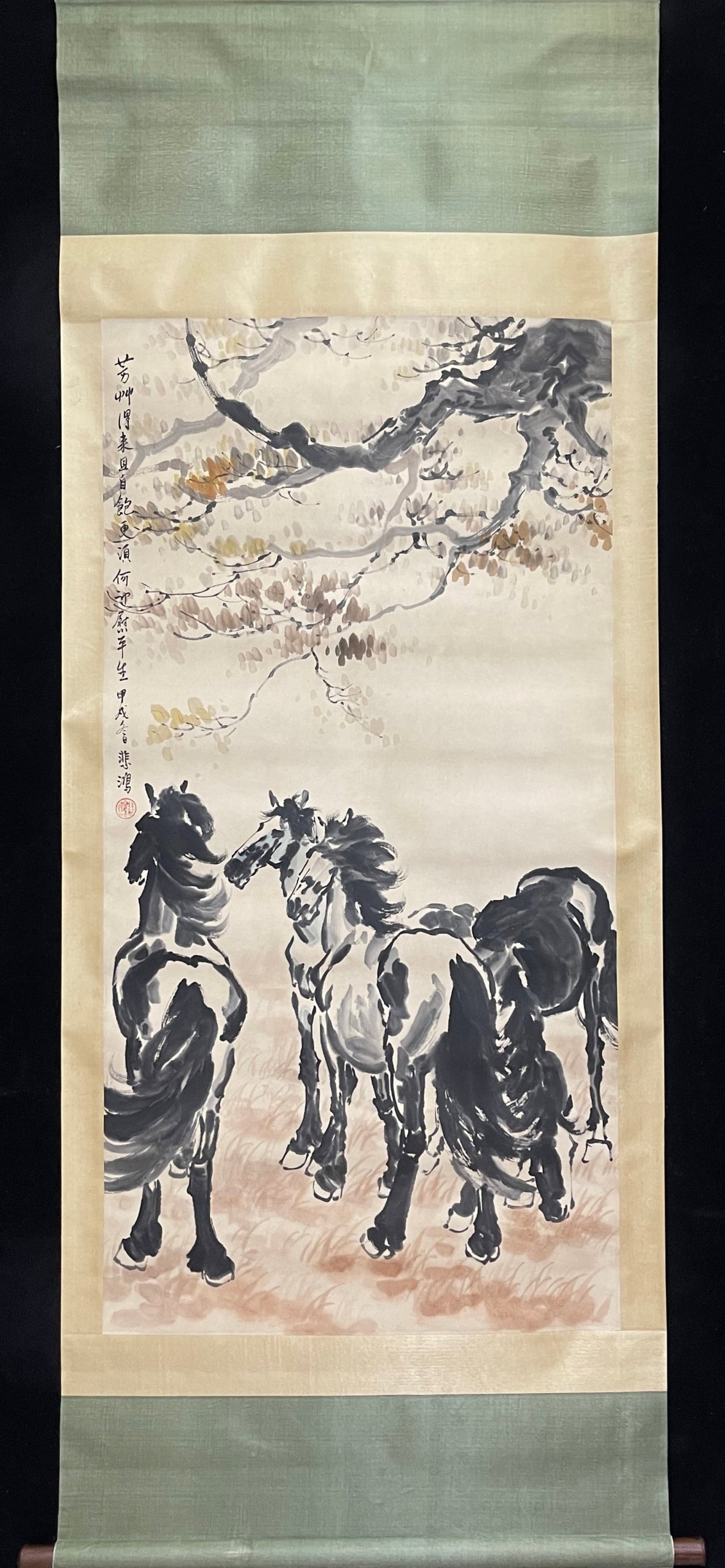 A Chinese Vertical Scroll Ink Painting of Horse on Paper: A Chinese Vertical Scroll Ink Painting of Horse on Paper,Xu Beihong,Size:26.8inx53.9in 一幅中国水墨骏马画立轴,徐悲鸿