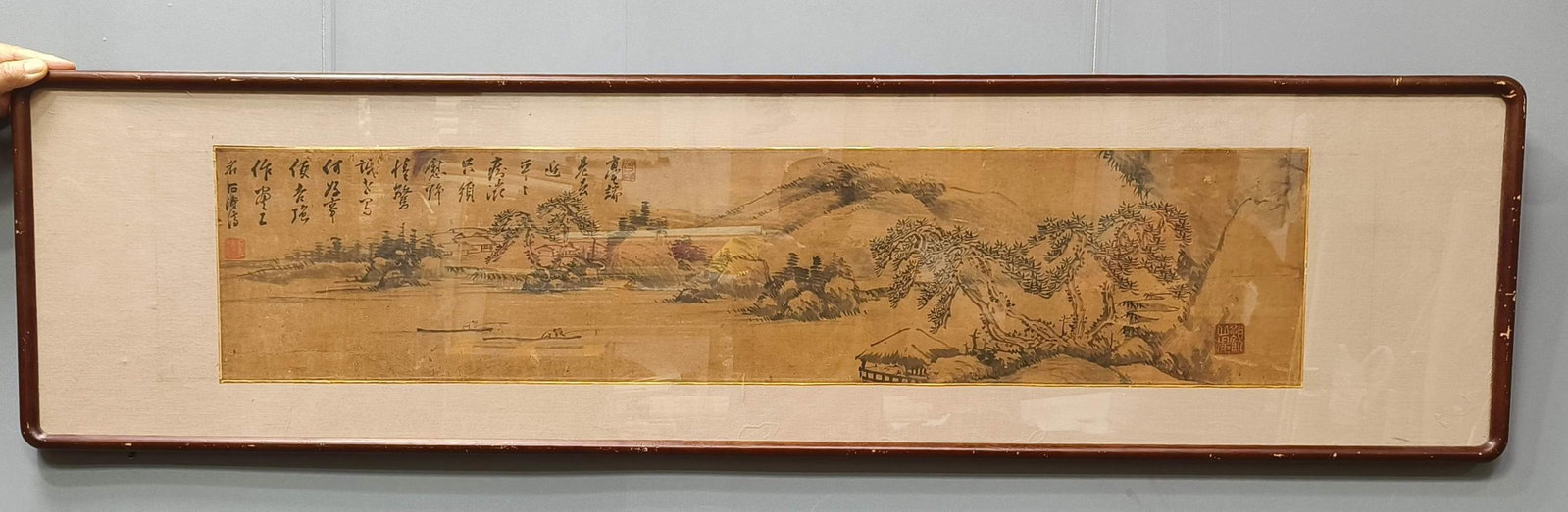 A Chinese Ink Painting of Landscape on Paper with Frame: A Chinese Ink Painting of Landscape on Paper with Frame,Shi Tao,Size:9.1inx42.1in 一幅中国水墨山水画带画框,石涛