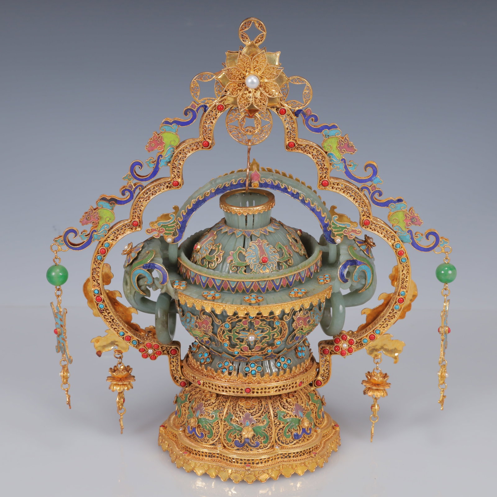 An Exquisite Filigree and Gilding Inlaid White Jade Double-Ears Censer,Inlaid Gems: An Exquisite Filigree and Gilding Inlaid White Jade Double-Ears Censer,Inlaid Gems,Qing Dynasty, China,Qianlong Four-Character Mark,Size:10.6inx5.5inx11.8in,Weight:1350g
