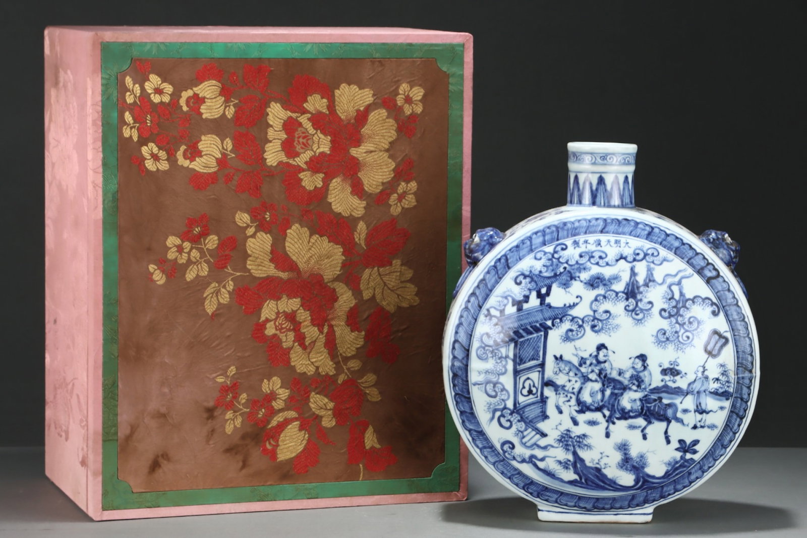 A Rare Blue and White Character and Story Pattern Beast-Ears Vase: A Rare Blue and White Character and Story Pattern Beast-Ears Vase,Ming Dynasty,China,Tianshun Six-character Mark,Size:15.2inx12.4in 青花人物故事纹兽 