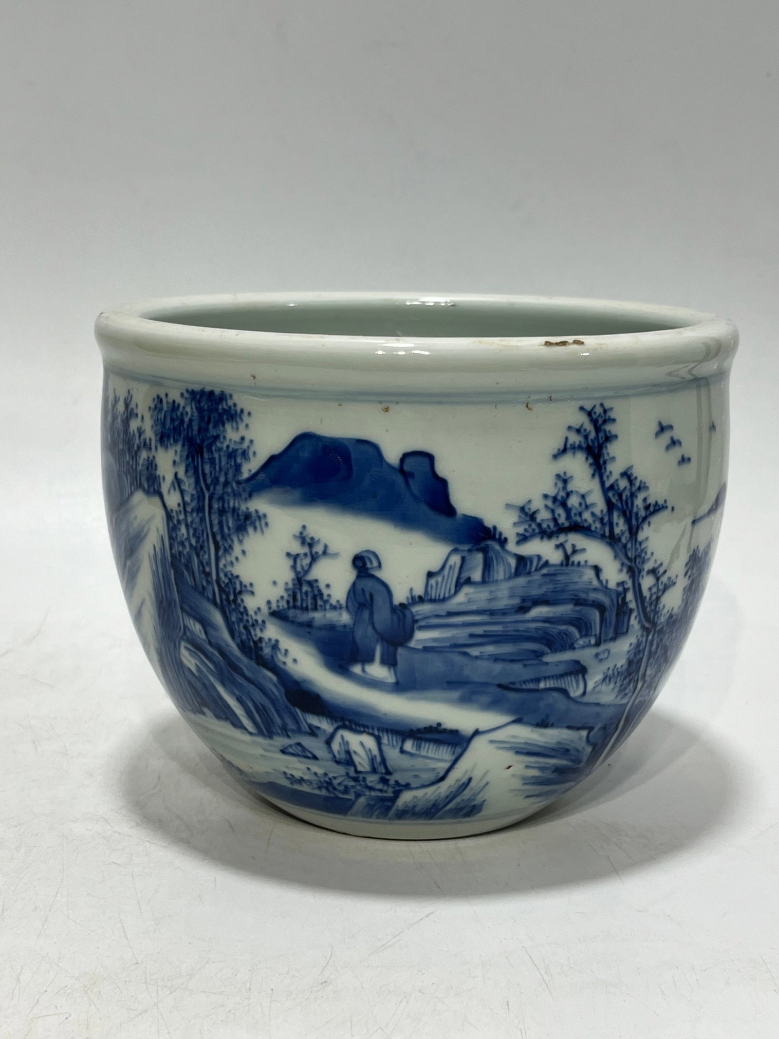 An Exquisite Blue and White Landscape and Figure Pattern Vat: An Exquisite Blue and White Landscape and Figure Pattern Vat,Qing Dynasty,China,Size:5.7in 青花山水人物纹缸,中国清代