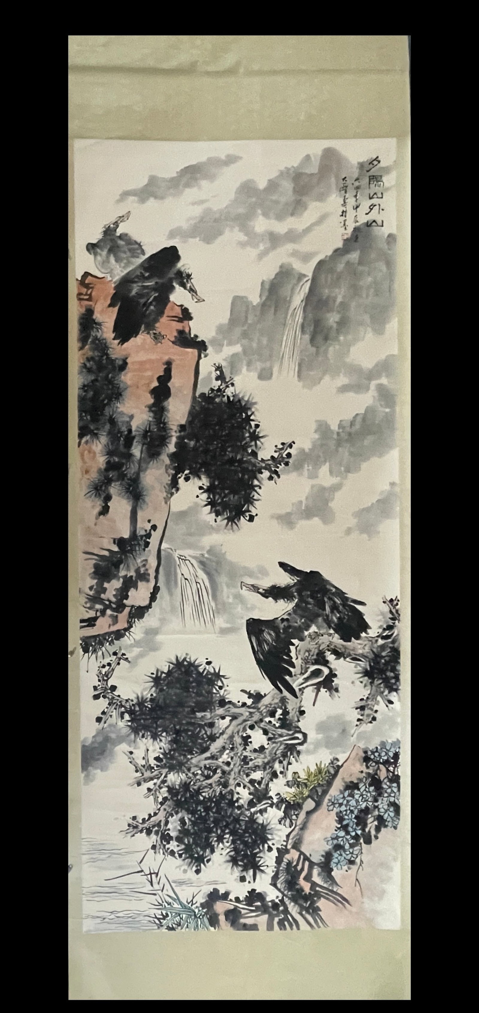 A Chinese Vertical Scroll Ink Painting of Pine and Eagle on Paper: A Chinese Vertical Scroll Ink Painting of Pine and Eagle on Paper,Pan Tianshou,Size:55.1inx141.7in 一幅中国水墨松鹰画立轴,潘