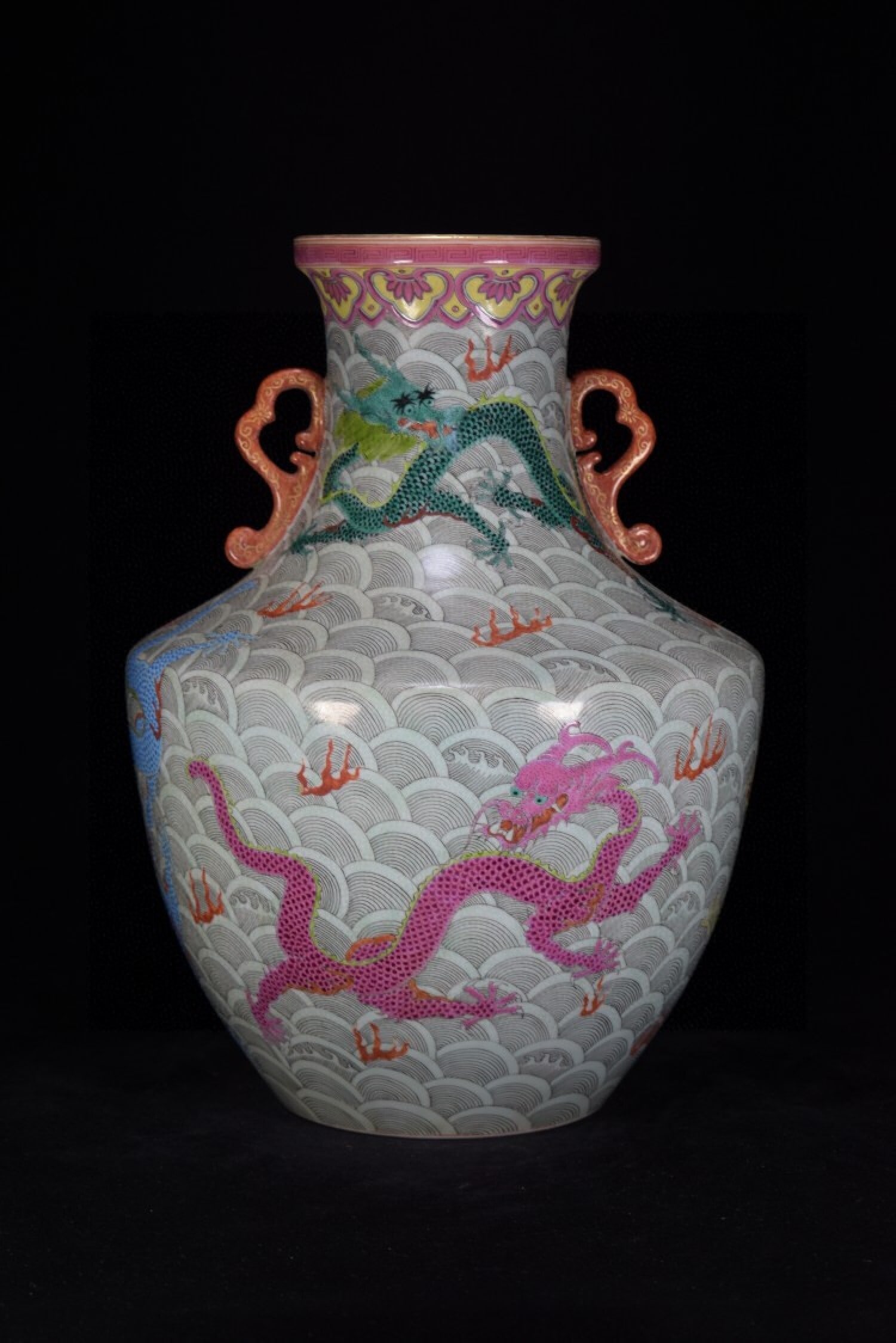 A Rare Famille-Rose Seawater and Dragon Pattern Double-Ears Vase: A Rare Famille-Rose Seawater and Dragon Pattern Double-Ears Vase,Qing Dynasty,China,Yongzheng Six-character Mark,Size:15inx10.6in 粉彩海水龙纹双耳ல