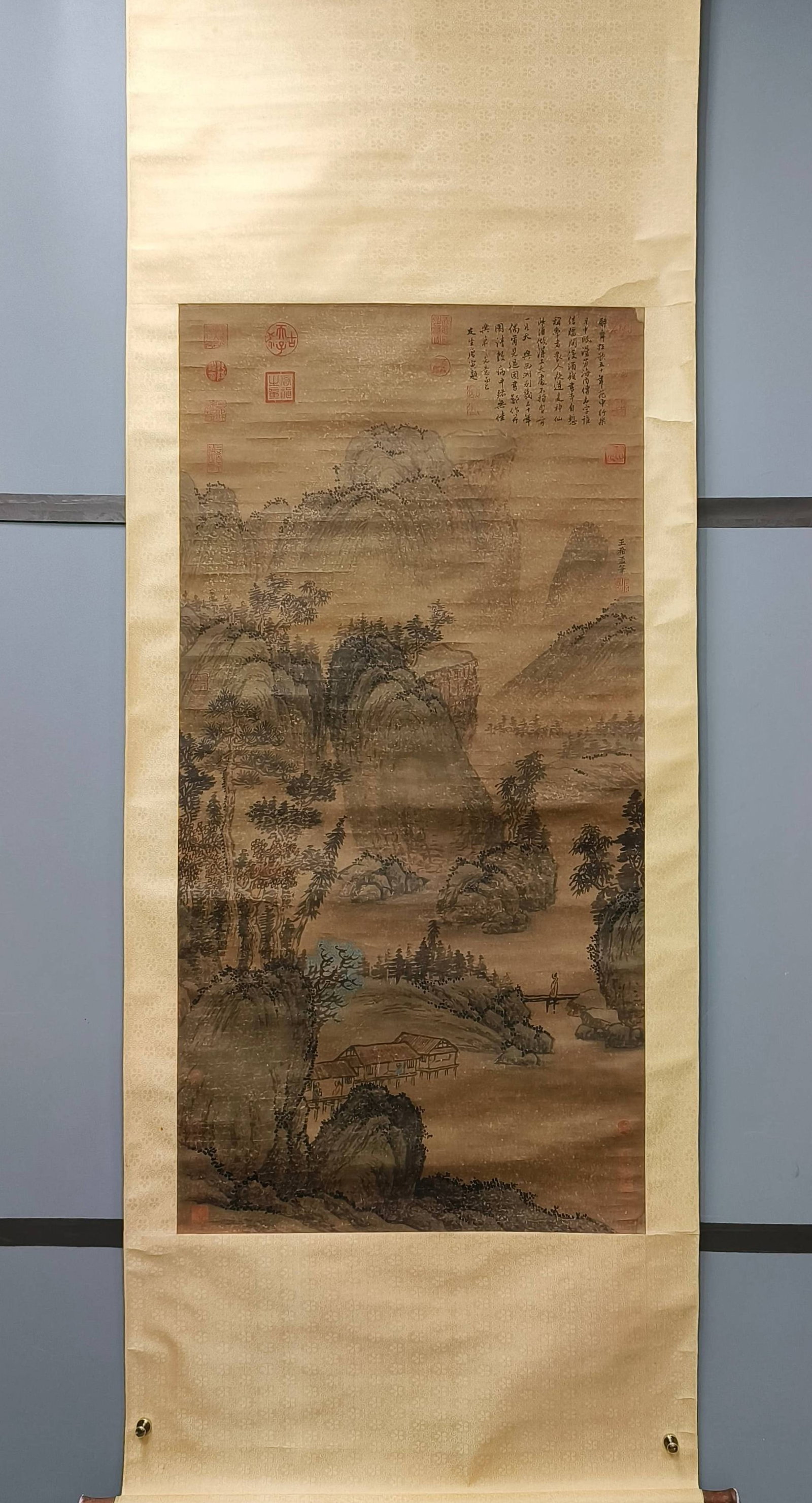 A Chinese Vertical Scroll Ink Painting of Landscape on Paper: A Chinese Vertical Scroll Ink Painting of Landscape on Paper,Wang Ximeng,Size:50.4inx25.2in 一幅中国水墨山水画立轴,王希