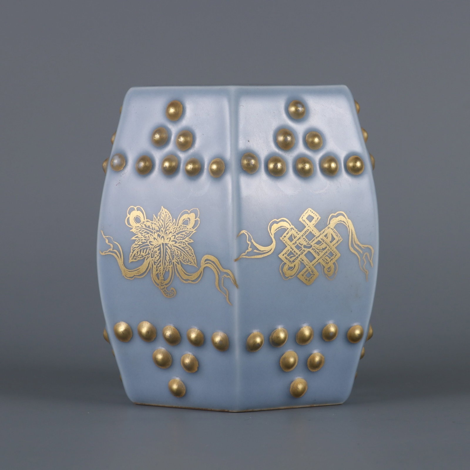 An Exquisite Sky Blue Glazed Painted Gold Eight Treasures Pattern Stool: An Exquisite Sky Blue Glazed Painted Gold Eight Treasures Pattern Stool,Qing Dynasty,China,Yongzheng Six-character Mark,Size:4.5inx3.1in 天青釉描金八宝纹