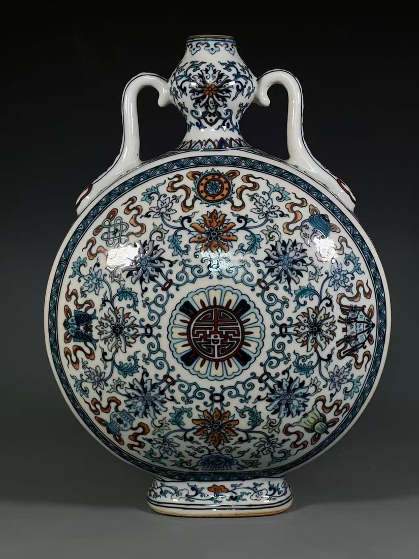 A Huge Doucai Lotus and Eight Treasures Pattern Double-Ears Vase: A Huge Doucai Lotus and Eight Treasures Pattern Double-Ears Vase,Qing Dynasty,China,Qianlong Six-character Mark,Size:16.7inx1.5inx5.1in 斗彩缠枝莲八宝纹