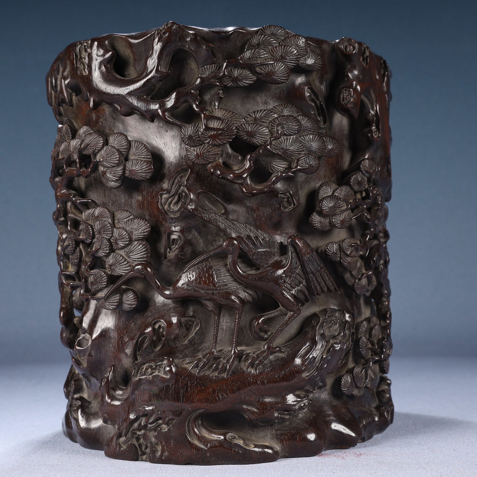 An Exquisite Zitanwood Pine and Crane Pattern Brush Pot: An Exquisite Zitanwood Pine and Crane Pattern Brush Pot,Qing Dynasty, China,Size:8.3inx7.5inx8.1in,Weight:2550g 紫檀木松鹤纹笔筒,中国清